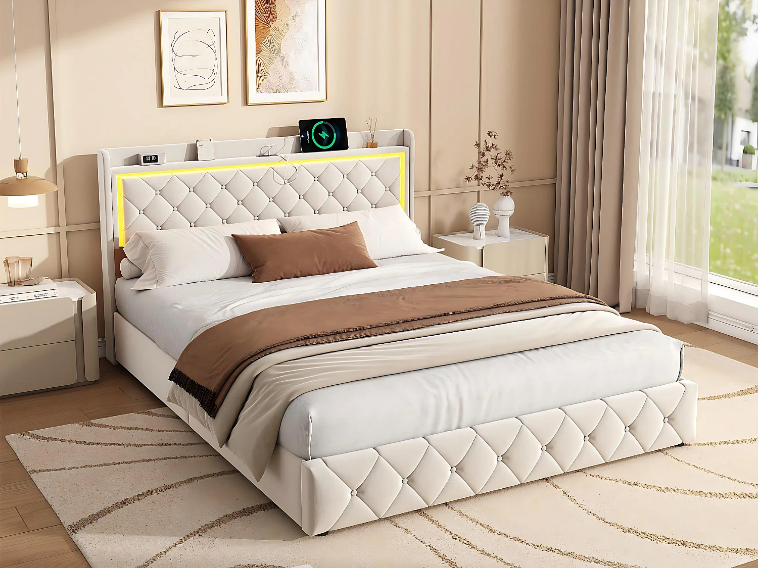 Lit 140x200 cm avec coffre et rangement, LED, USB et Type-C, lit capitonné velours, sommier inclus