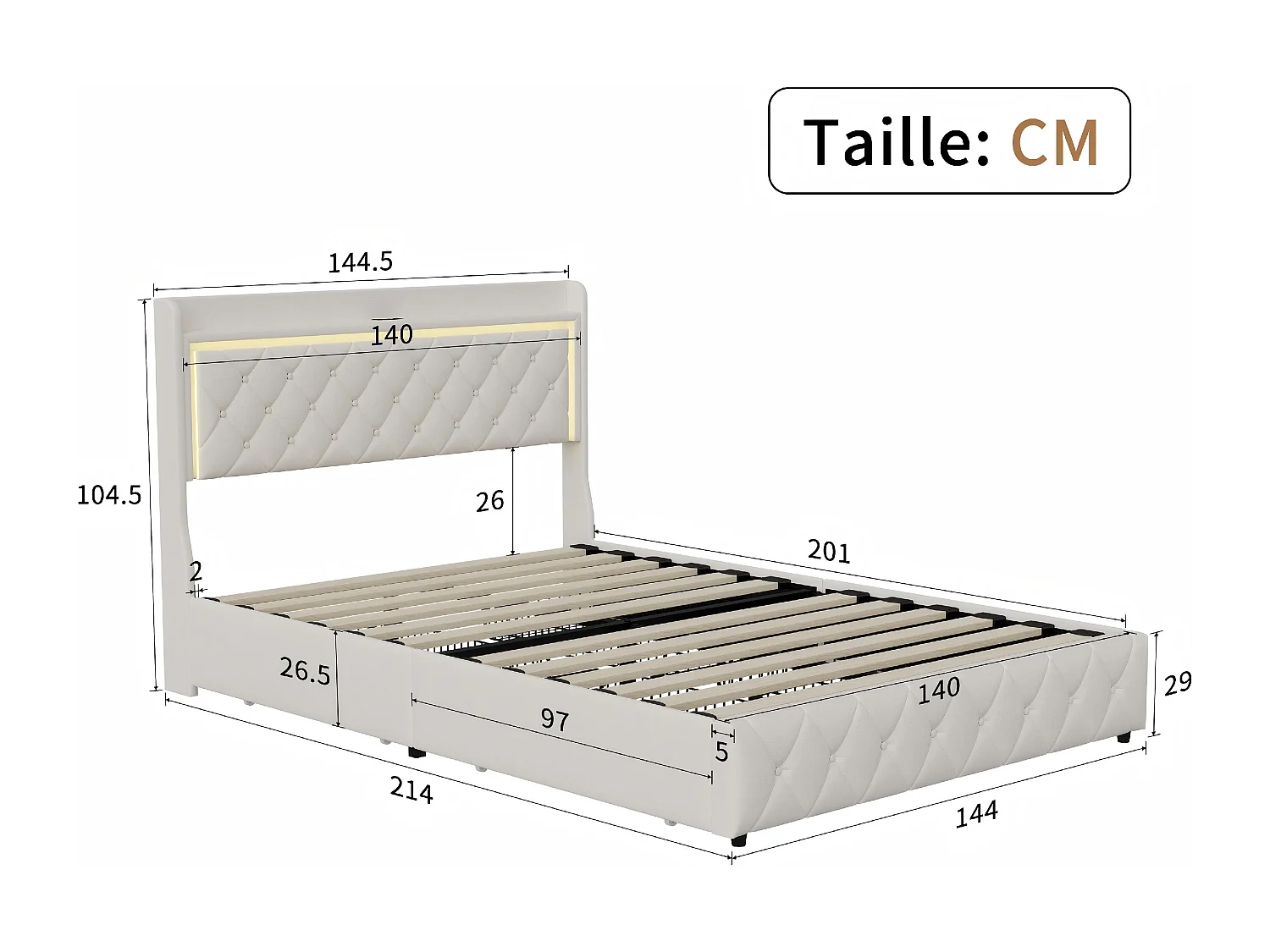 Lit 140x200 cm avec coffre et rangement, LED, USB et Type-C, lit capitonné velours, sommier inclus
