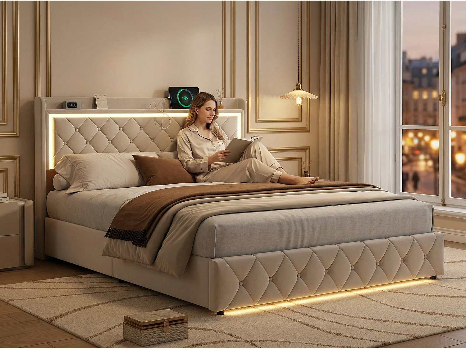 Lit 140x200 cm avec coffre et rangement, LED, USB et Type-C, lit capitonné velours, sommier inclus