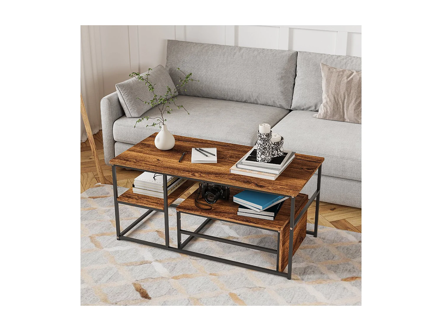 Table basse avec étagères de rangement, meuble salon style industriel bois et métal, table basse moderne noir