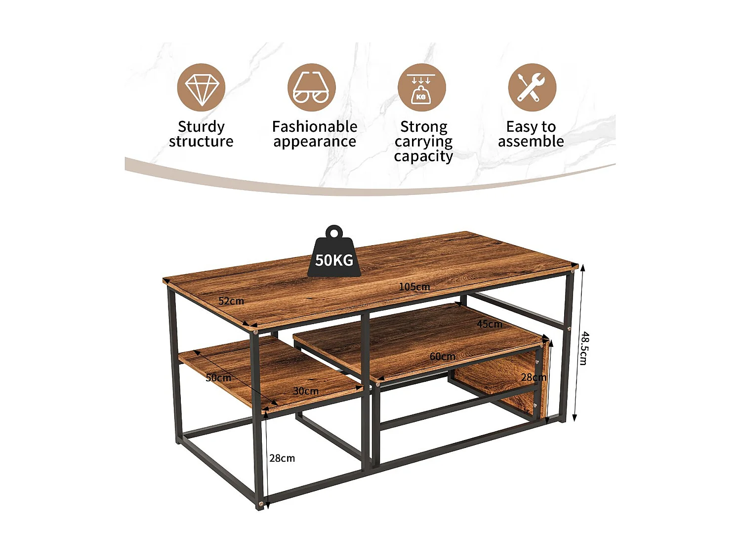 Table basse avec étagères de rangement, meuble salon style industriel bois et métal, table basse moderne noir