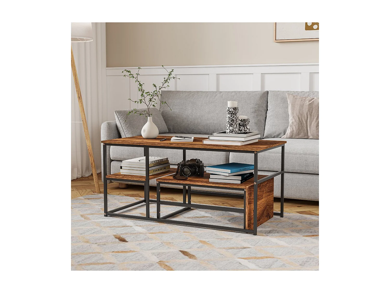 Table basse avec étagères de rangement, meuble salon style industriel bois et métal, table basse moderne noir