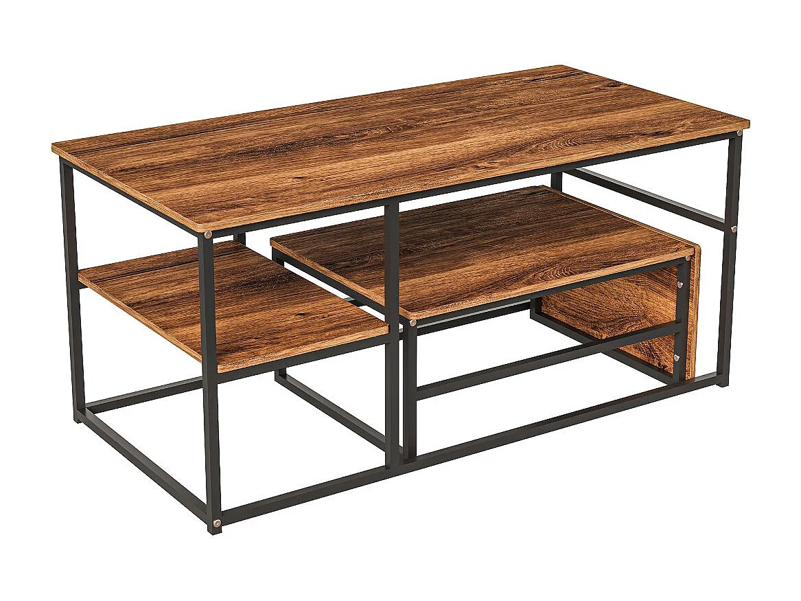 Table basse avec étagères de rangement, meuble salon style industriel bois et métal, table basse moderne noir
