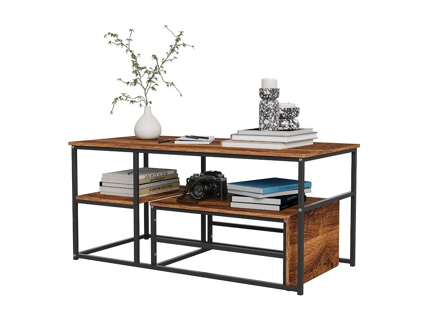 Table basse avec étagères de rangement, meuble salon style industriel bois et métal, table basse moderne noir