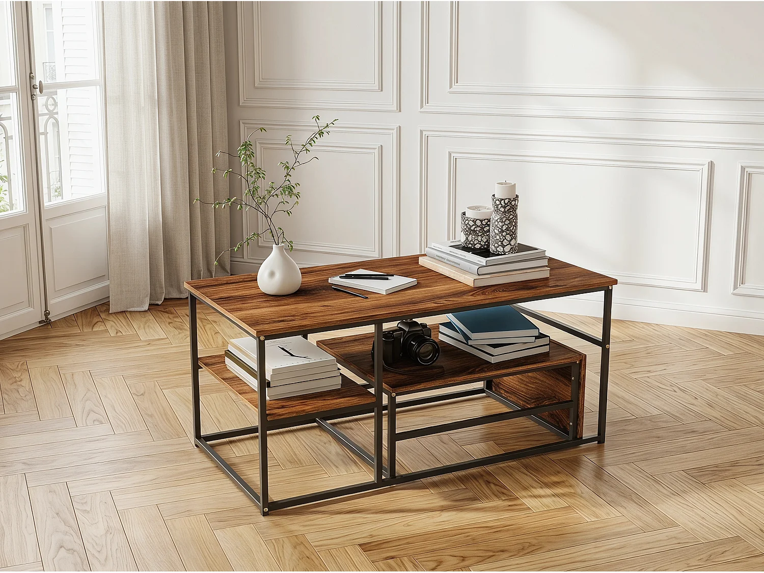 Table basse avec étagères de rangement, meuble salon style industriel bois et métal, table basse moderne noir