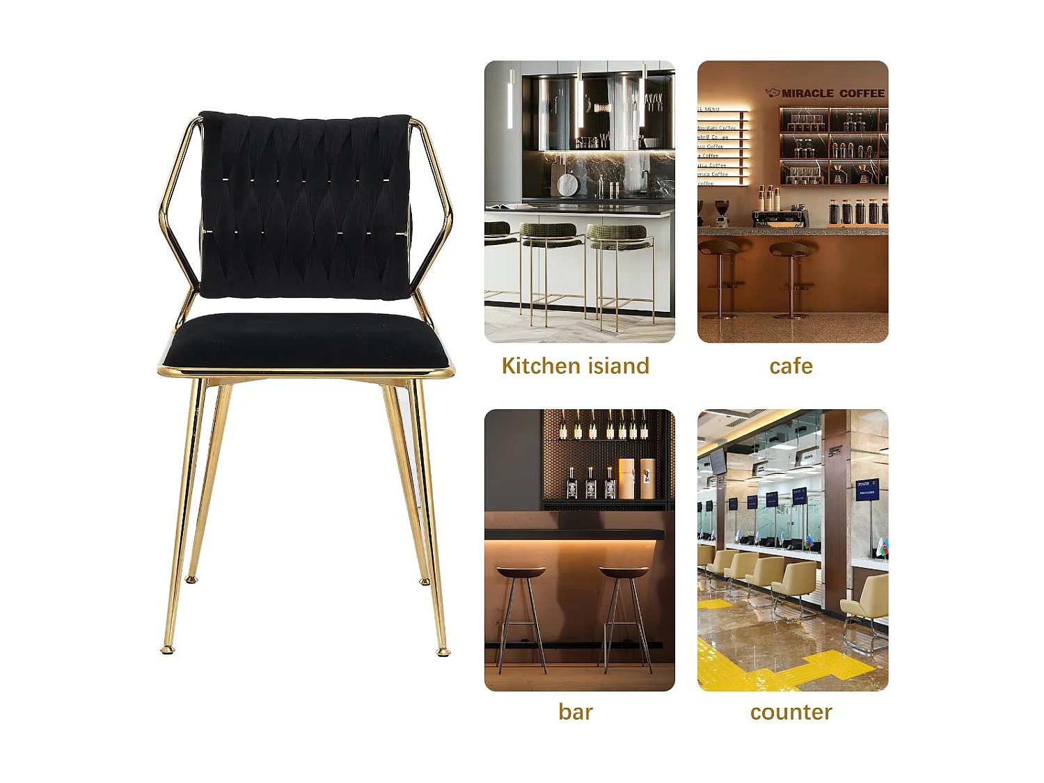 Chaise de salle à manger en velours avec accoudoirs, fauteuil rembourré confortable avec pieds métal doré, chaise moderne pour cuisine salon