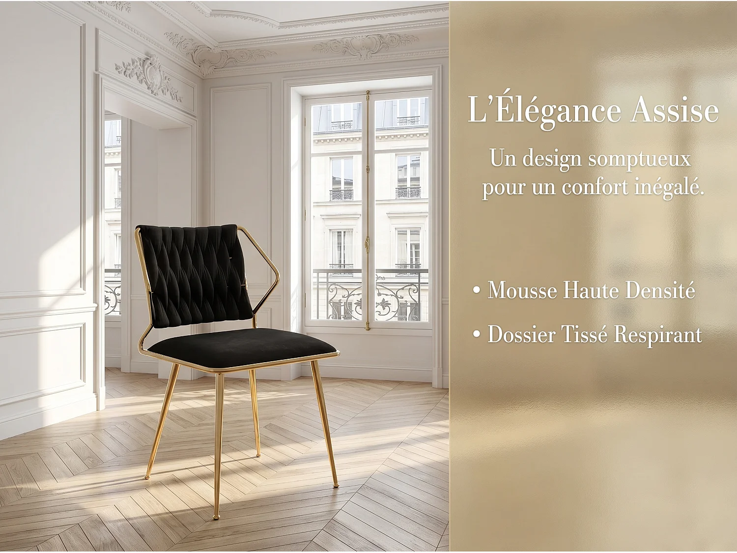 Chaise de salle à manger en velours avec accoudoirs, fauteuil rembourré confortable avec pieds métal doré, chaise moderne pour cuisine salon