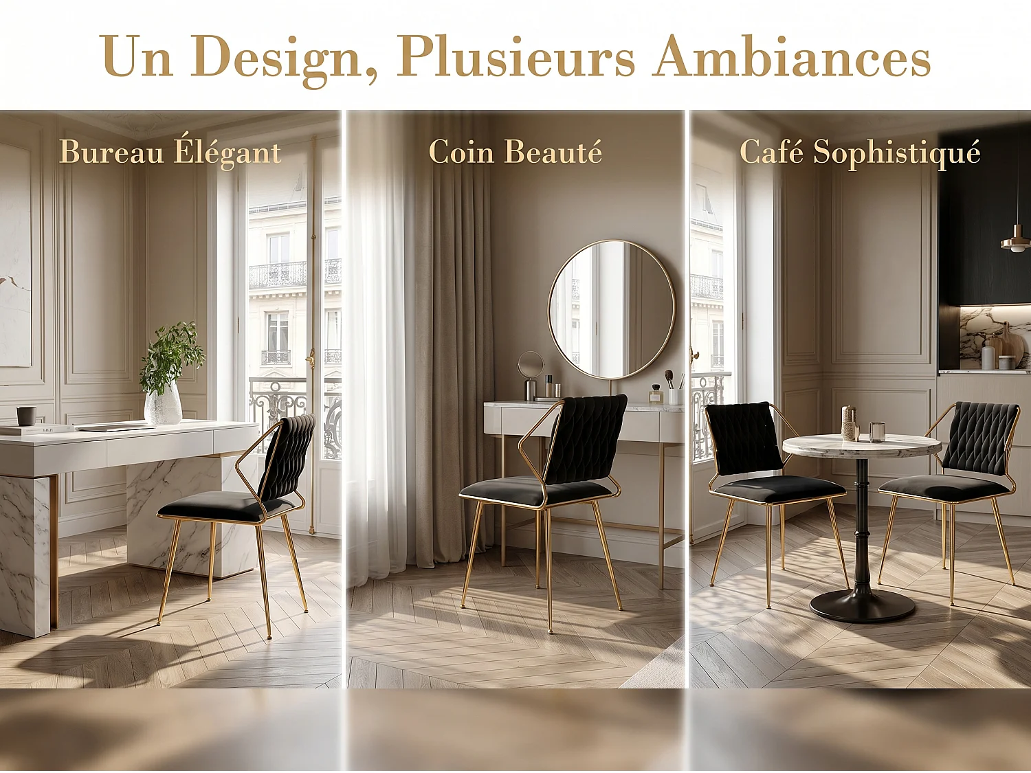 Chaise de salle à manger en velours avec accoudoirs, fauteuil rembourré confortable avec pieds métal doré, chaise moderne pour cuisine salon