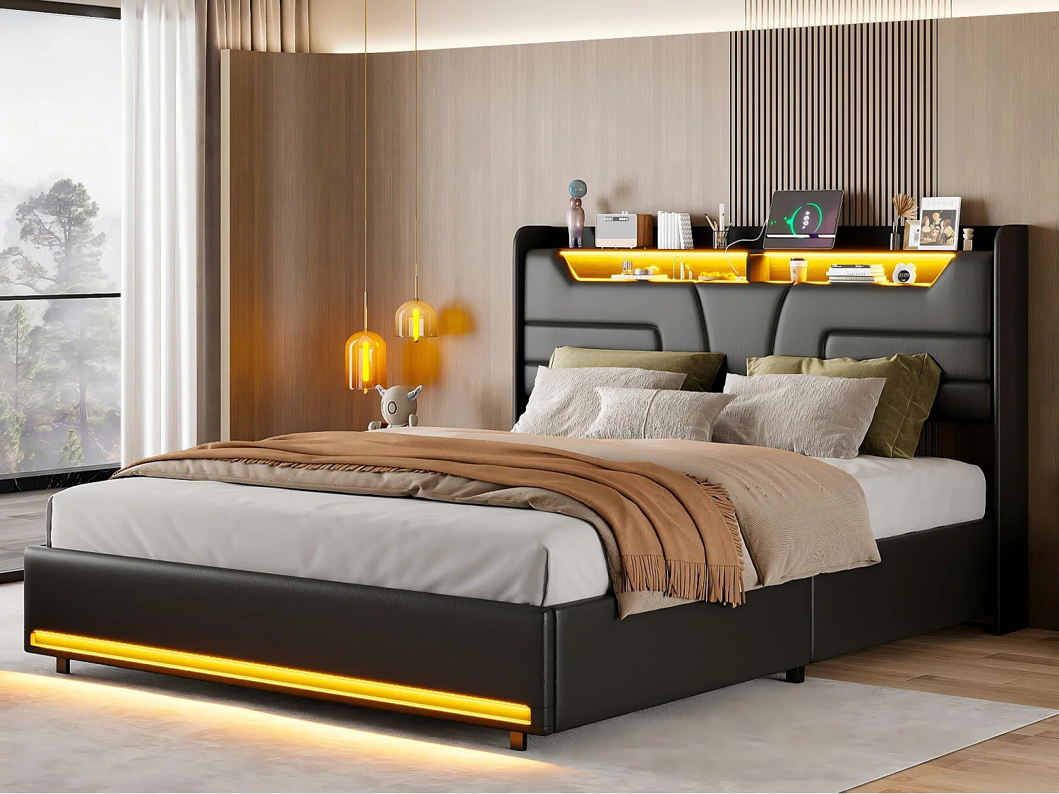 Lit 140x200 cm avec LED, tête de lit avec rangement, cadre de lit rembourré noir, sommier à lattes, design moderne