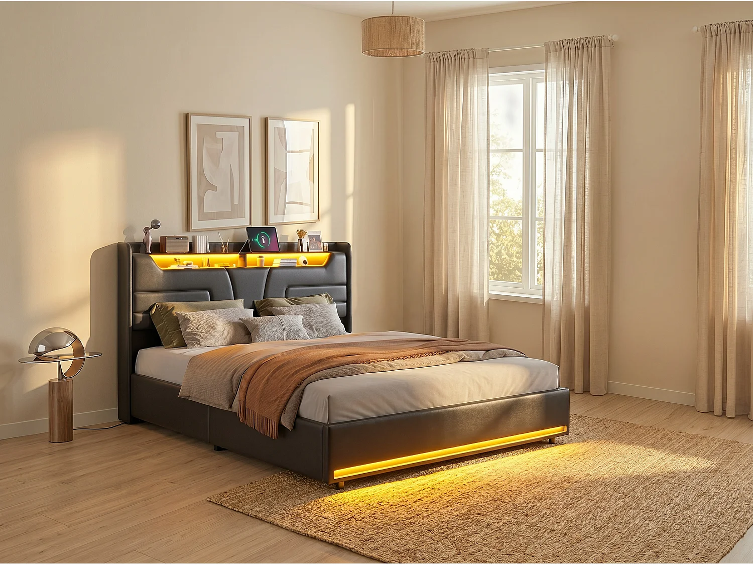 Lit rembourré 140x200 cm avec éclairage LED - tête de lit avec rangement - avec sommier à lattes - Noir