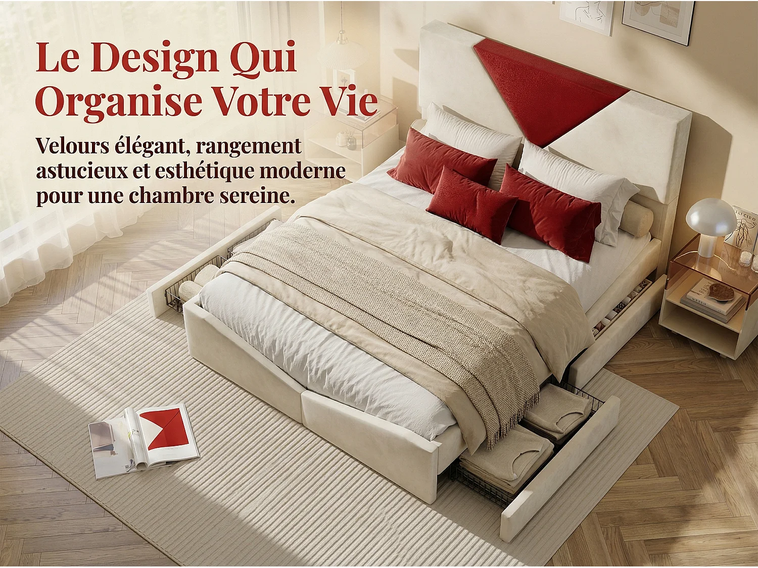 Lit 140x190 avec rangement, lit coffre tissu, tête de lit rembourrée bicolore, cadre avec sommier à lattes