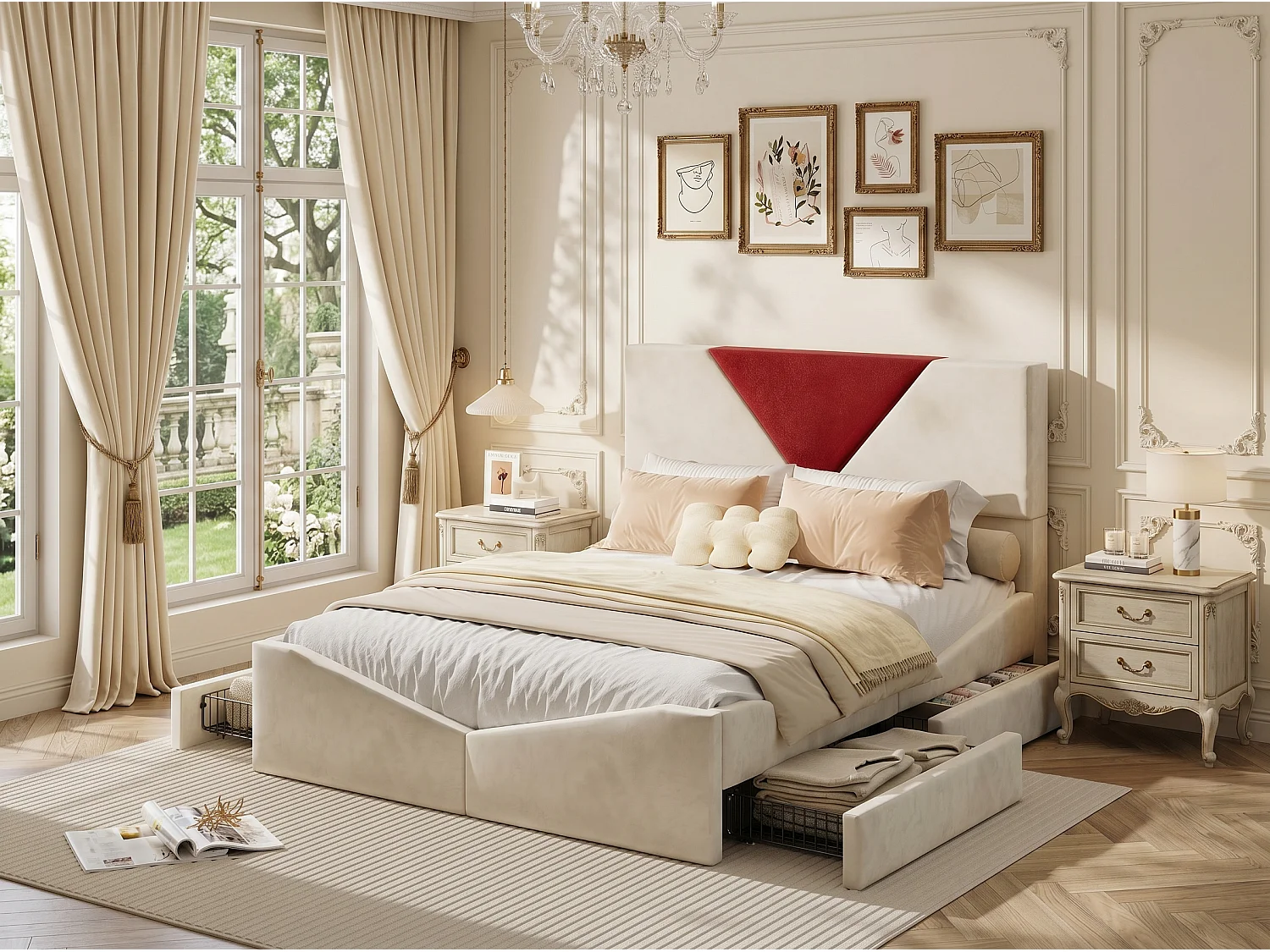 Lit coffre rembourré 140x190 cm - Rangement sous lit - Revêtement tissu - Tête de lit bicolore rembourrée - Sommier à lattes inclus
