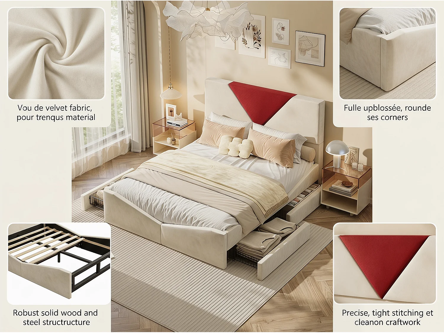 Lit coffre rembourré 140x190 cm - Rangement sous lit - Revêtement tissu - Tête de lit bicolore rembourrée - Sommier à lattes inclus