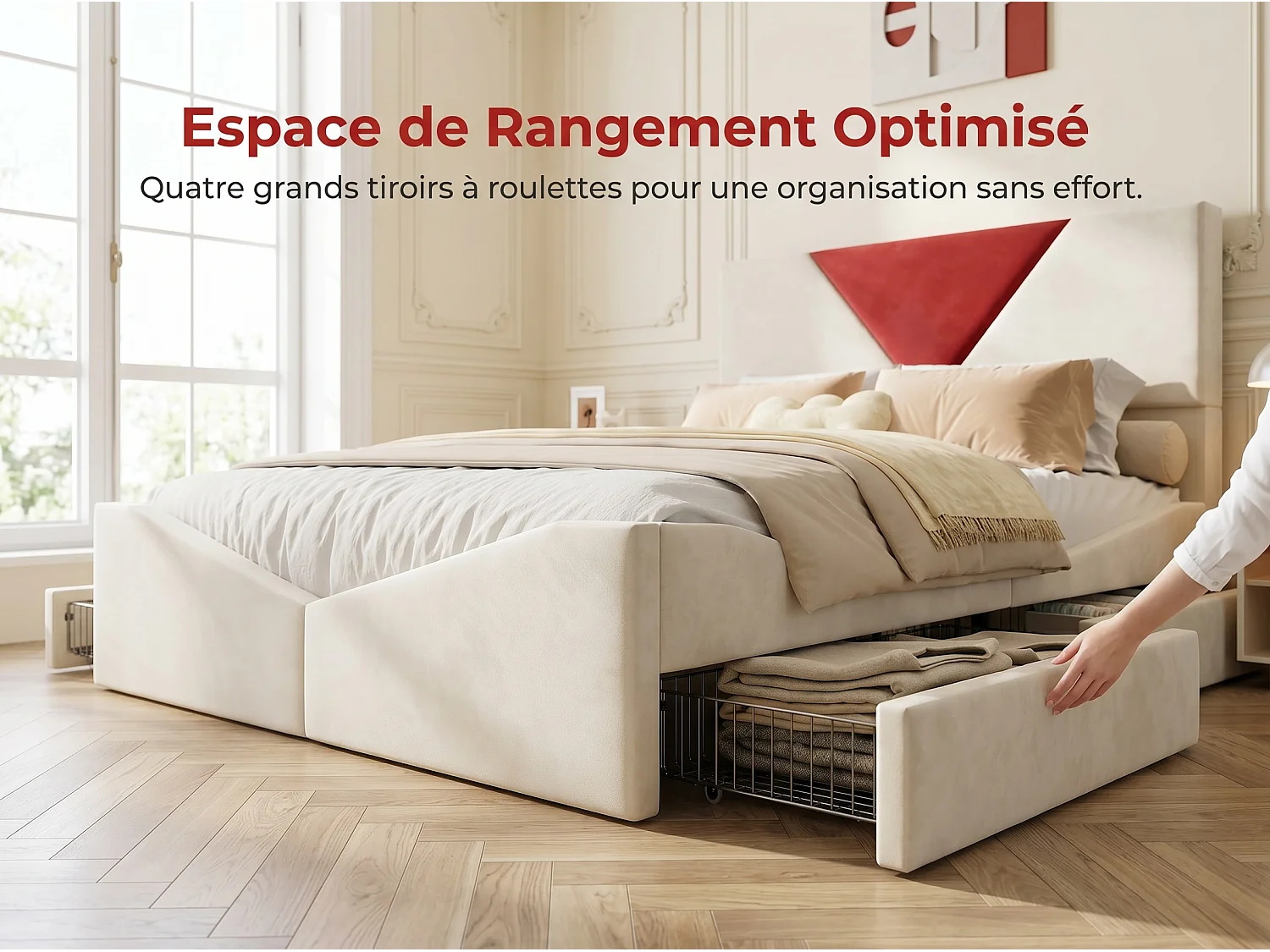 Lit coffre rembourré 140x190 cm - Rangement sous lit - Revêtement tissu - Tête de lit bicolore rembourrée - Sommier à lattes inclus