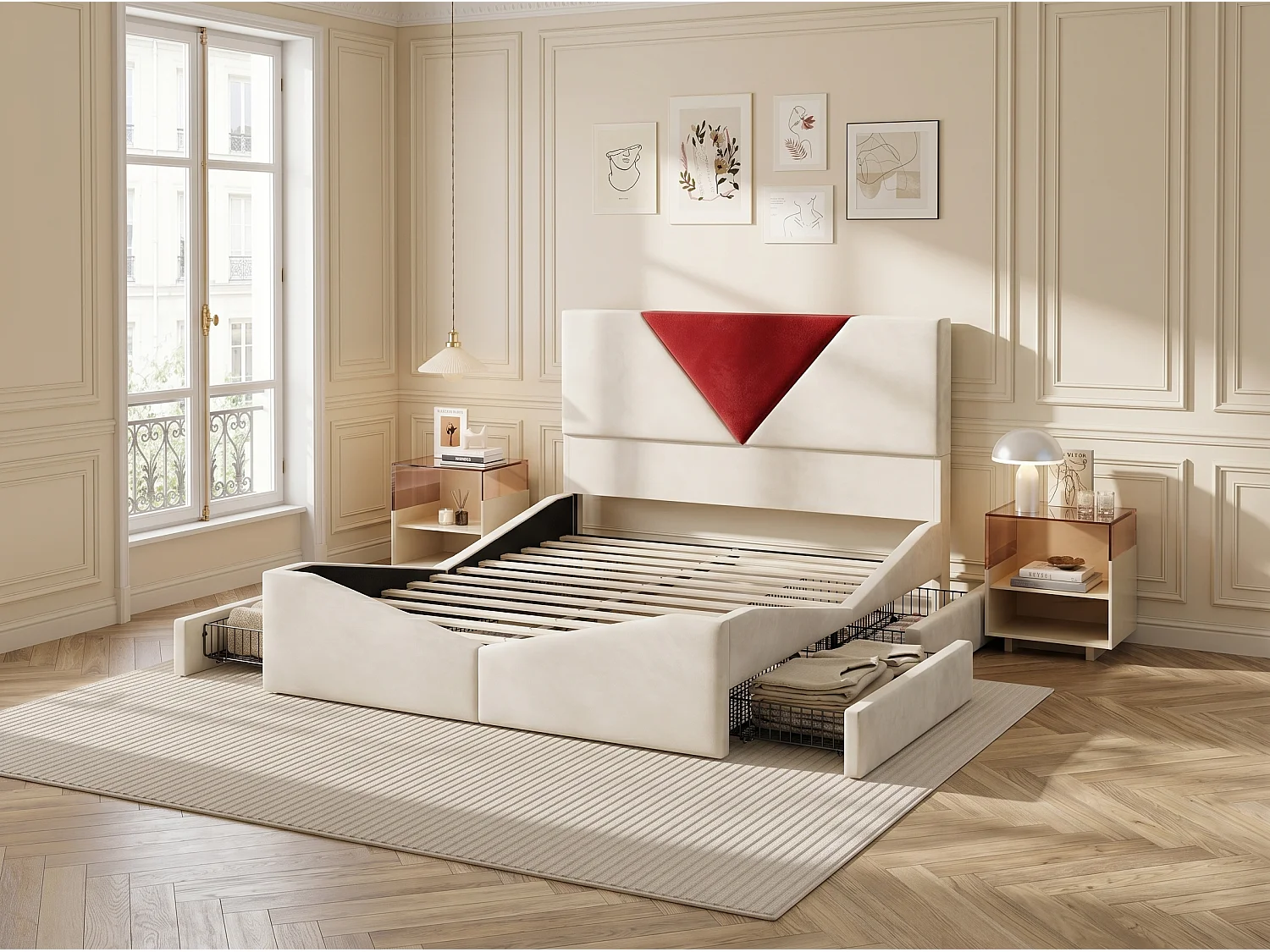 Lit coffre rembourré 140x190 cm - Rangement sous lit - Revêtement tissu - Tête de lit bicolore rembourrée - Sommier à lattes inclus