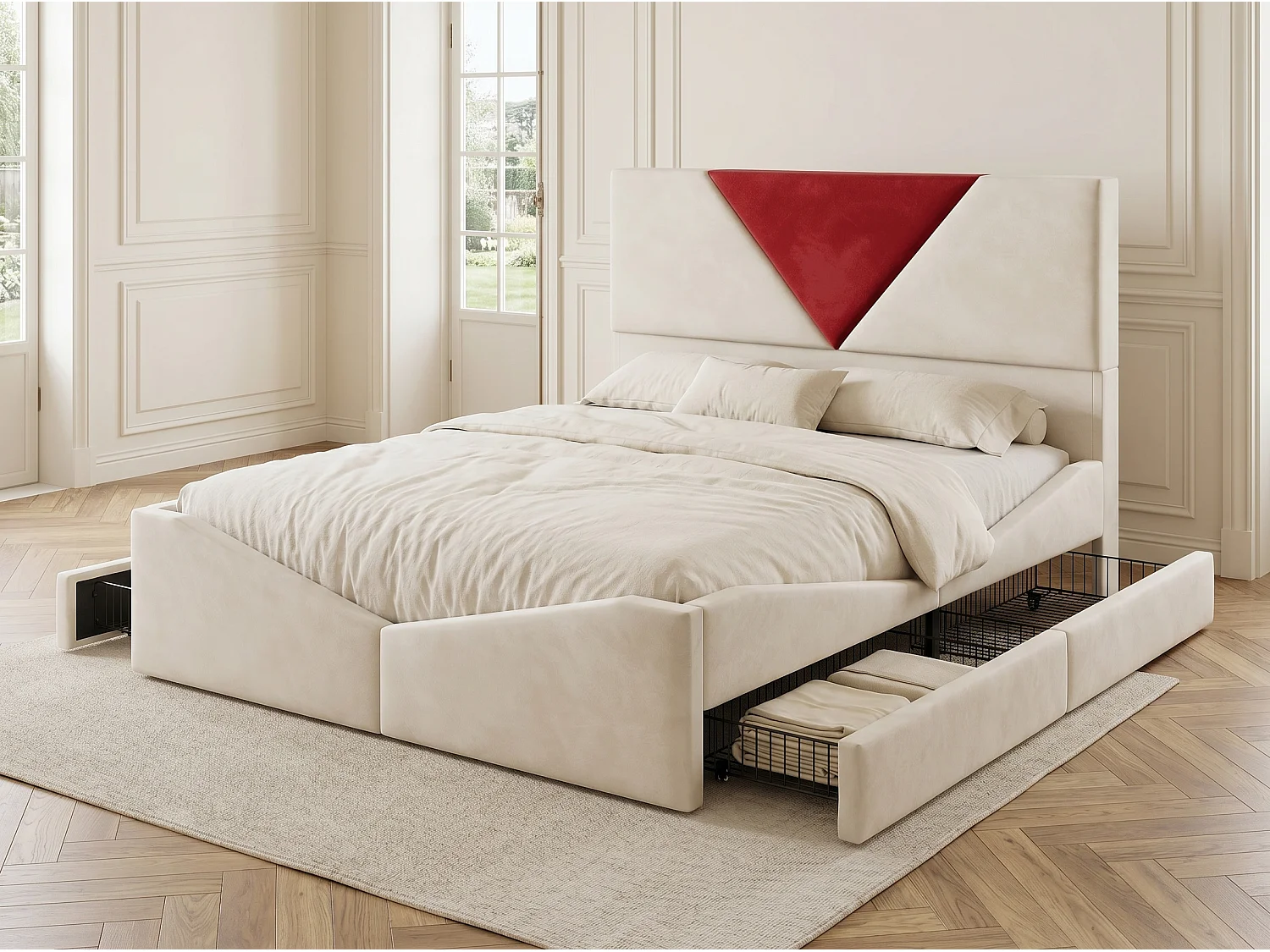 Lit coffre rembourré 140x190 cm - Rangement sous lit - Revêtement tissu - Tête de lit bicolore rembourrée - Sommier à lattes inclus