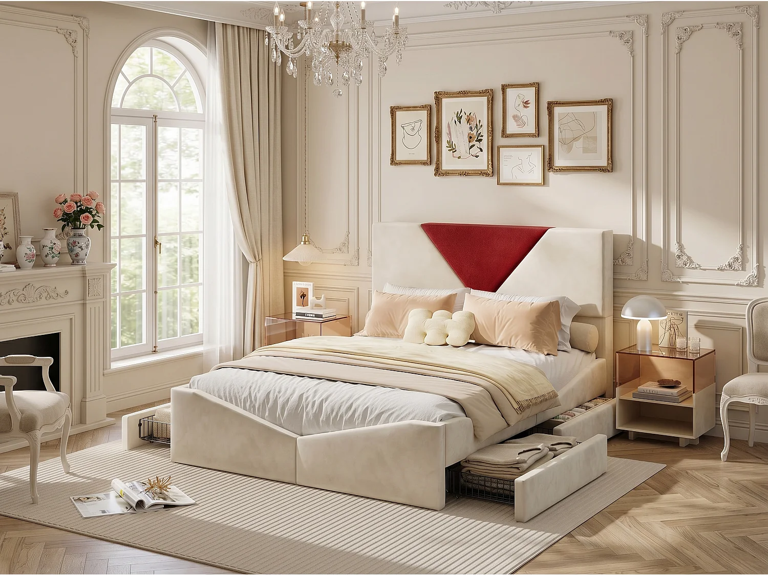 Lit coffre rembourré 140x190 cm - Rangement sous lit - Revêtement tissu - Tête de lit bicolore rembourrée - Sommier à lattes inclus