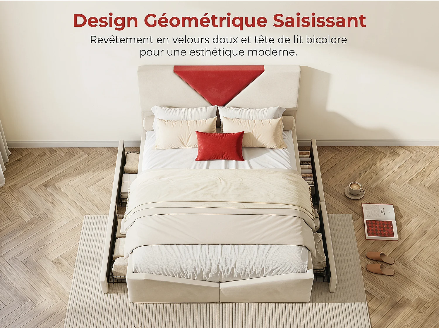 Lit coffre rembourré 140x190 cm - Rangement sous lit - Revêtement tissu - Tête de lit bicolore rembourrée - Sommier à lattes inclus