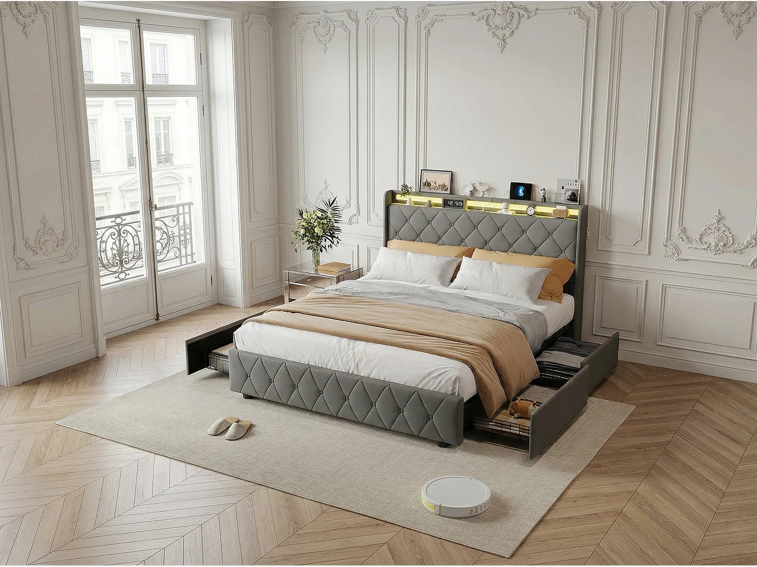 Lit 140x200 cm avec LED- tête de lit avec étagère- lit capitonné PU Gris- sommier à lattes inclus