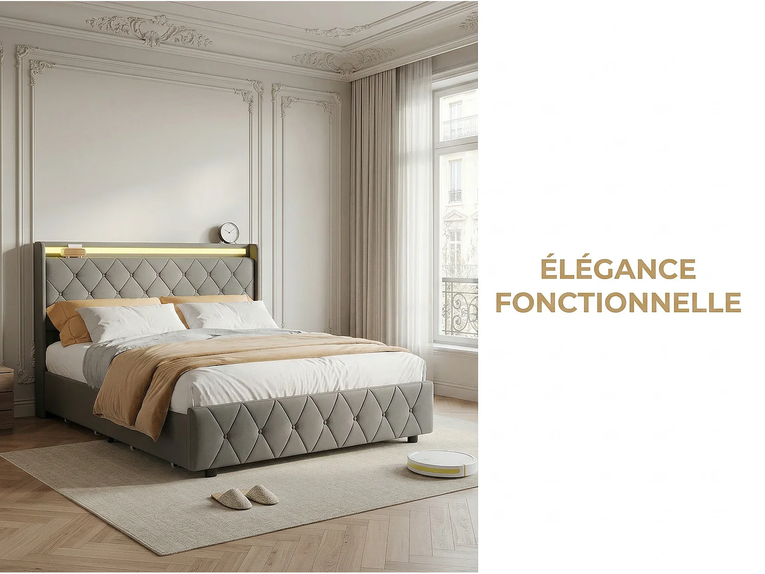 Lit 140x200 cm avec LED- tête de lit avec étagère- lit capitonné PU Gris- sommier à lattes inclus