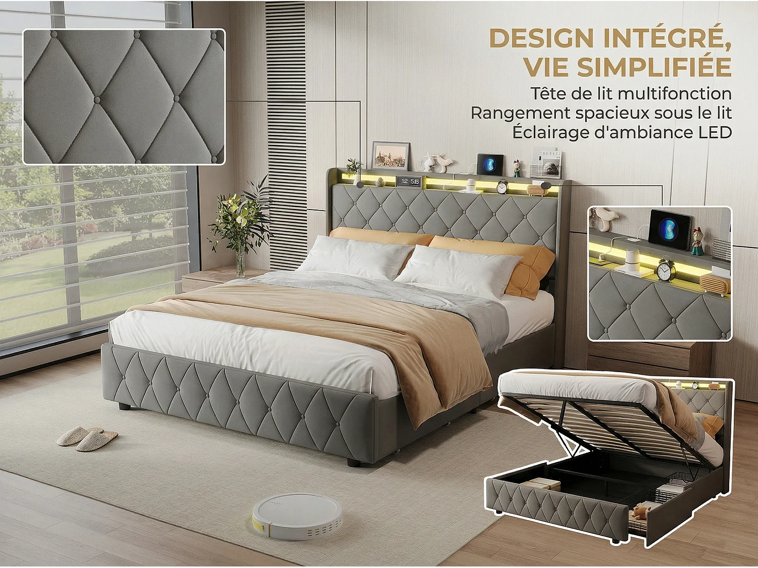 Lit 140x200 cm avec LED- tête de lit avec étagère- lit capitonné PU Gris- sommier à lattes inclus