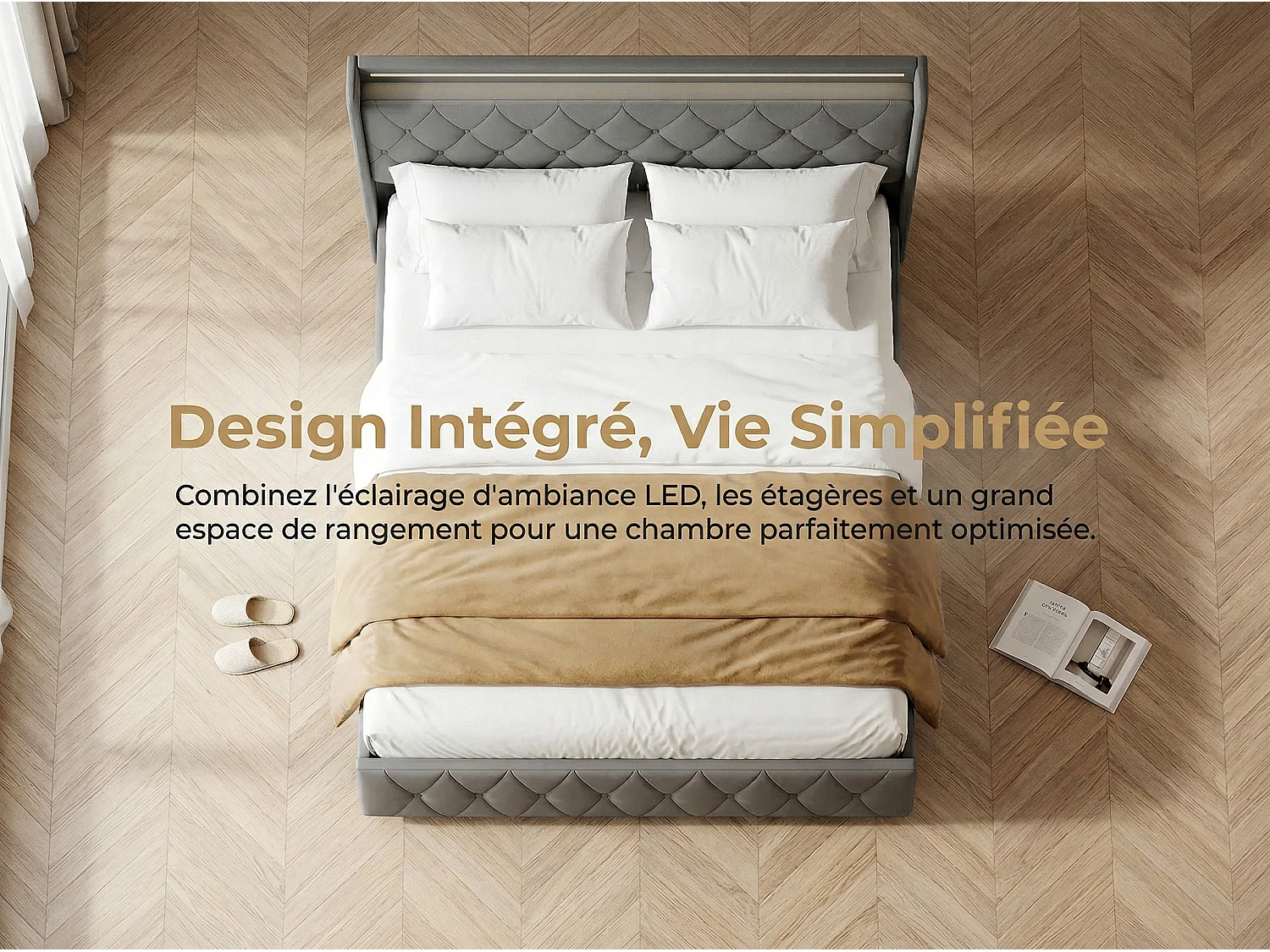 Lit 140x200 cm avec LED- tête de lit avec étagère- lit capitonné PU Gris- sommier à lattes inclus