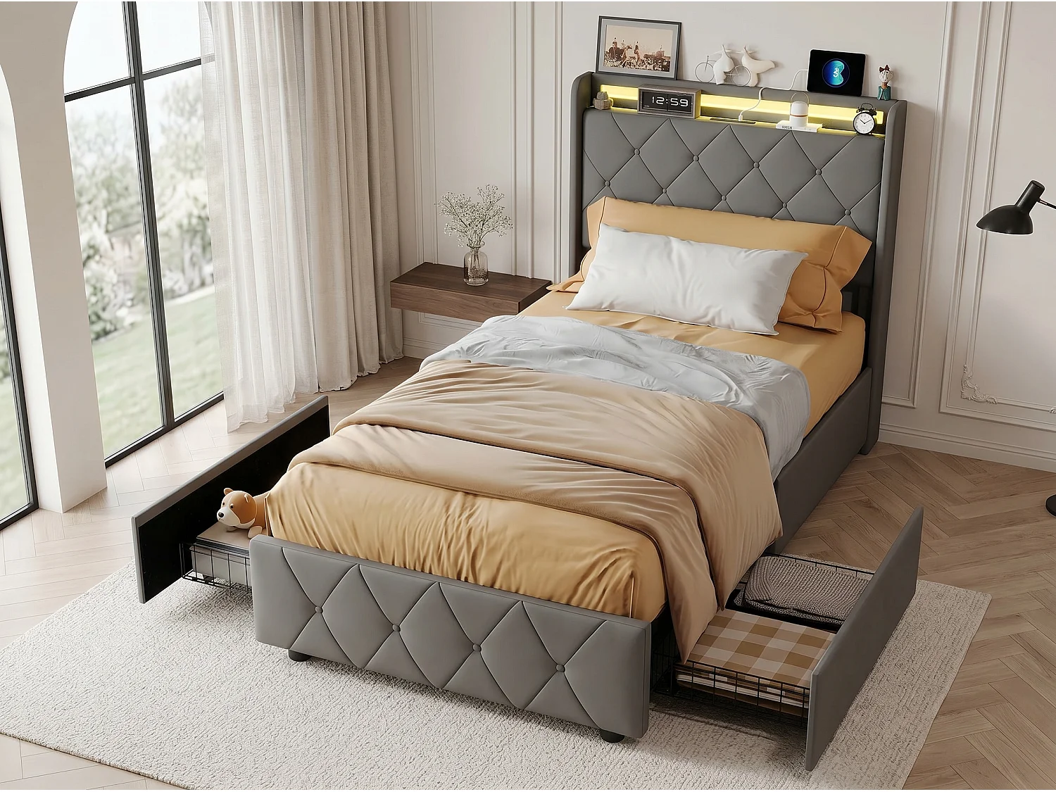 Lit 140x200 cm avec LED- tête de lit avec étagère- lit capitonné PU Gris- sommier à lattes inclus