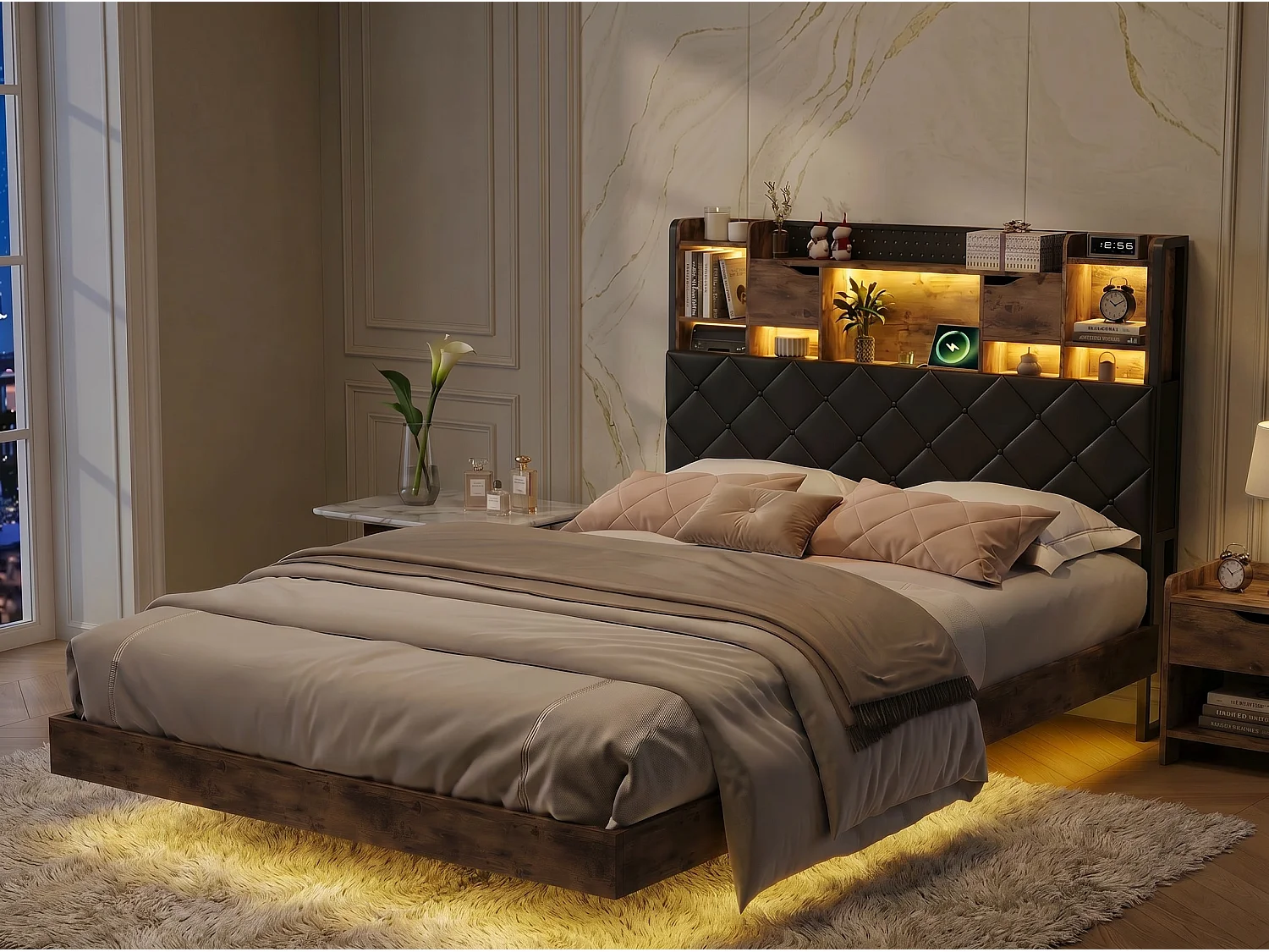 Lit 160x200 cm - LED intégrée et rangement - Tête de lit avec étagères - Style industriel bois et métal - Sommier inclus