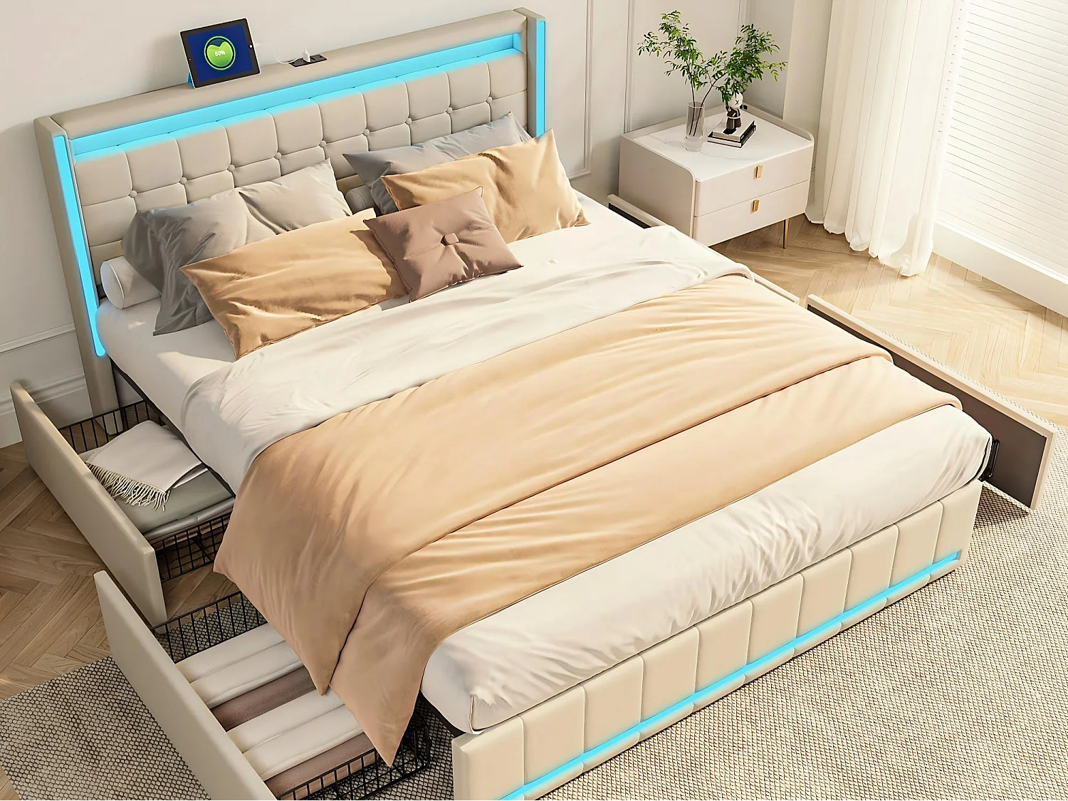 Lit 180x200 avec tiroirs, LED, USB Type-C, lit rangement avec roulettes, cadre de lit en tissu lin