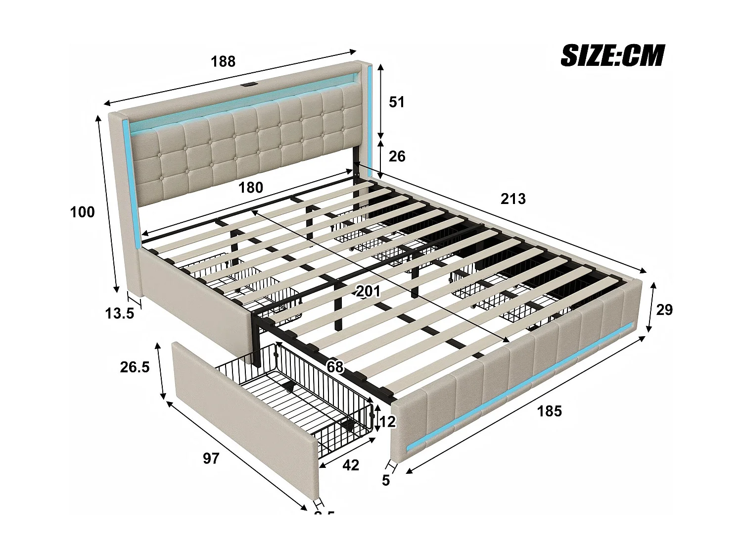 Lit 180x200 avec tiroirs, LED, USB Type-C, lit rangement avec roulettes, cadre de lit en tissu lin