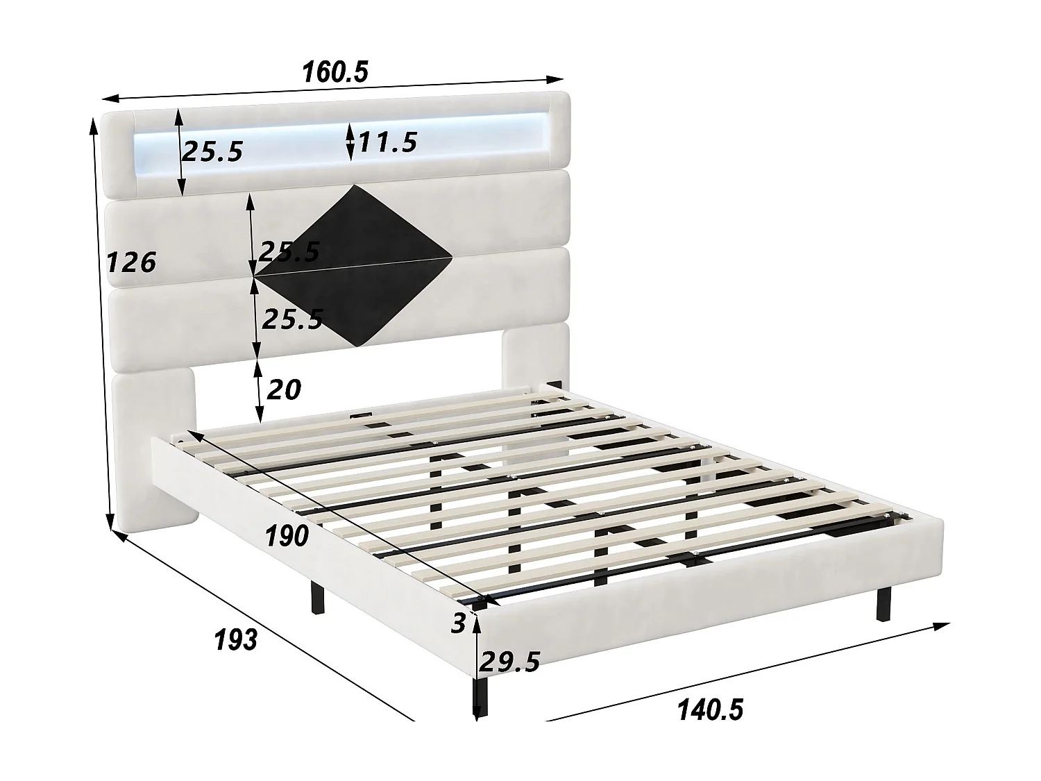 Lit 140x190 cm LED, lit moderne avec tête de lit modulable et double éclairage, cadre de lit avec sommier à lattes