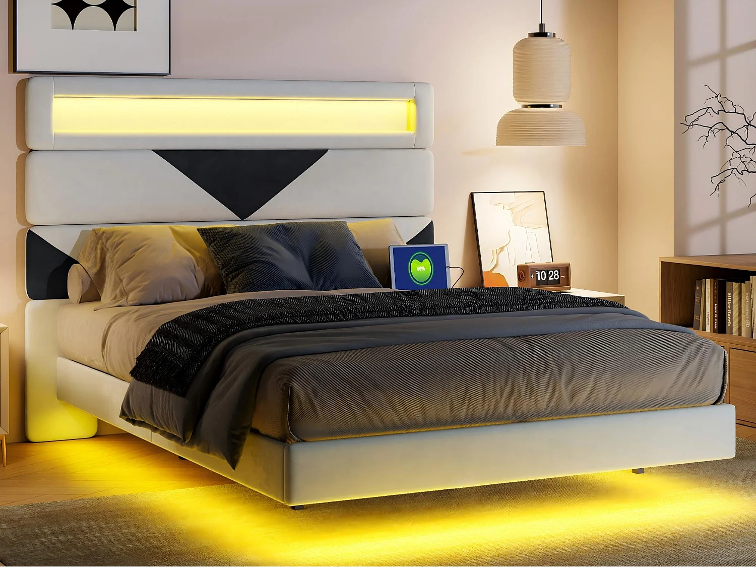 Lit 140x190 cm LED, lit moderne avec tête de lit modulable et double éclairage, cadre de lit avec sommier à lattes