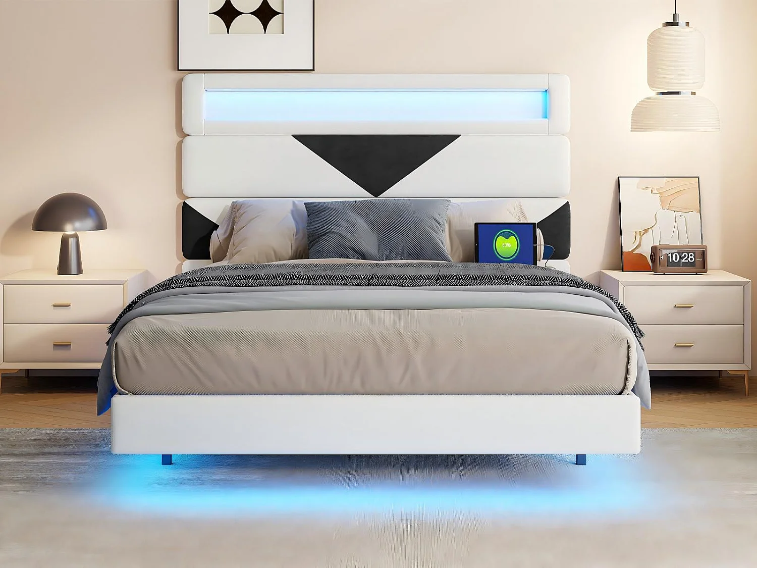 Lit 140x190 cm LED, lit moderne avec tête de lit modulable et double éclairage, cadre de lit avec sommier à lattes