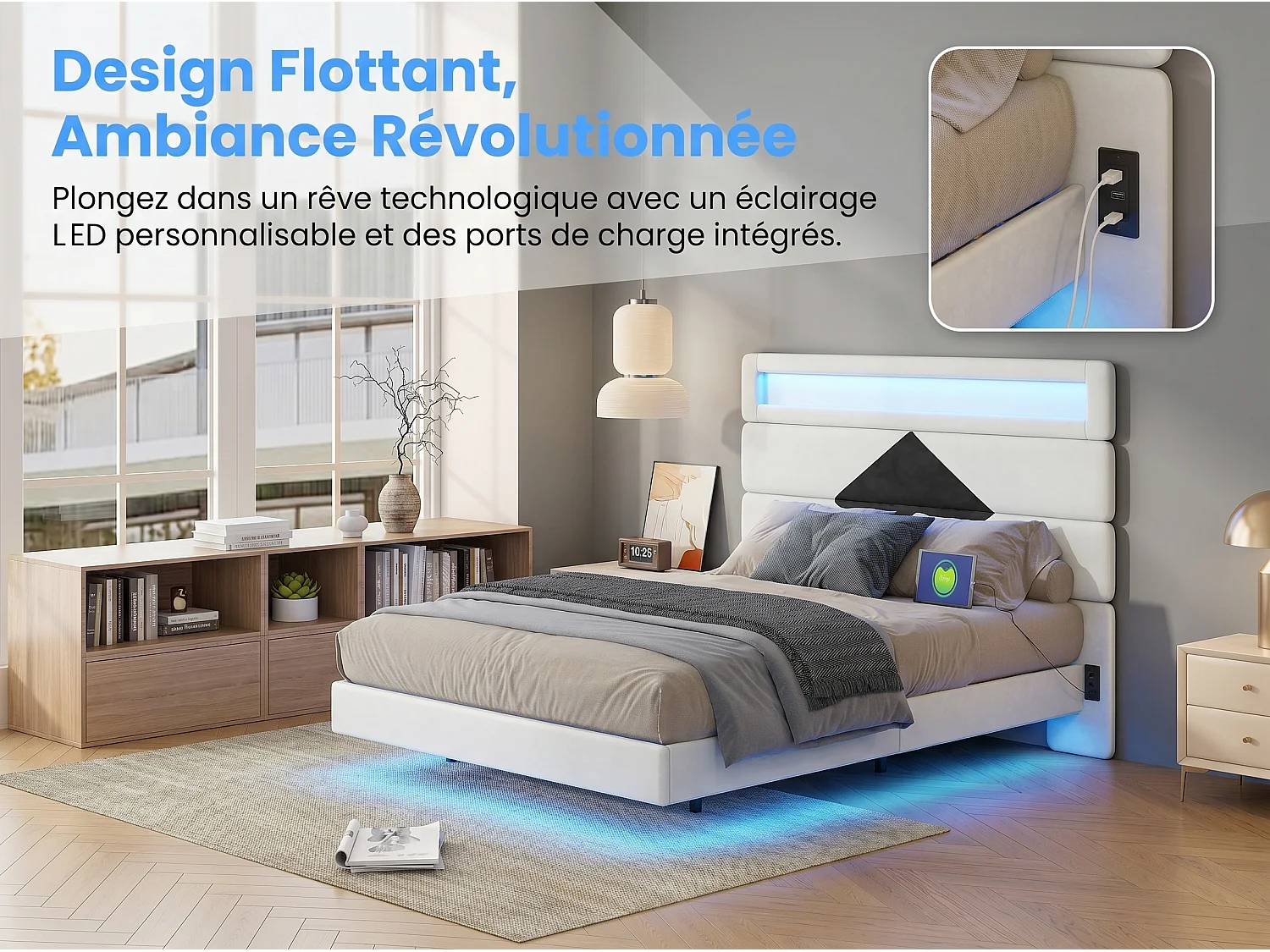 Lit double 140x190 cm - USB et USB C - LED intégrée - Tissu velours blanc