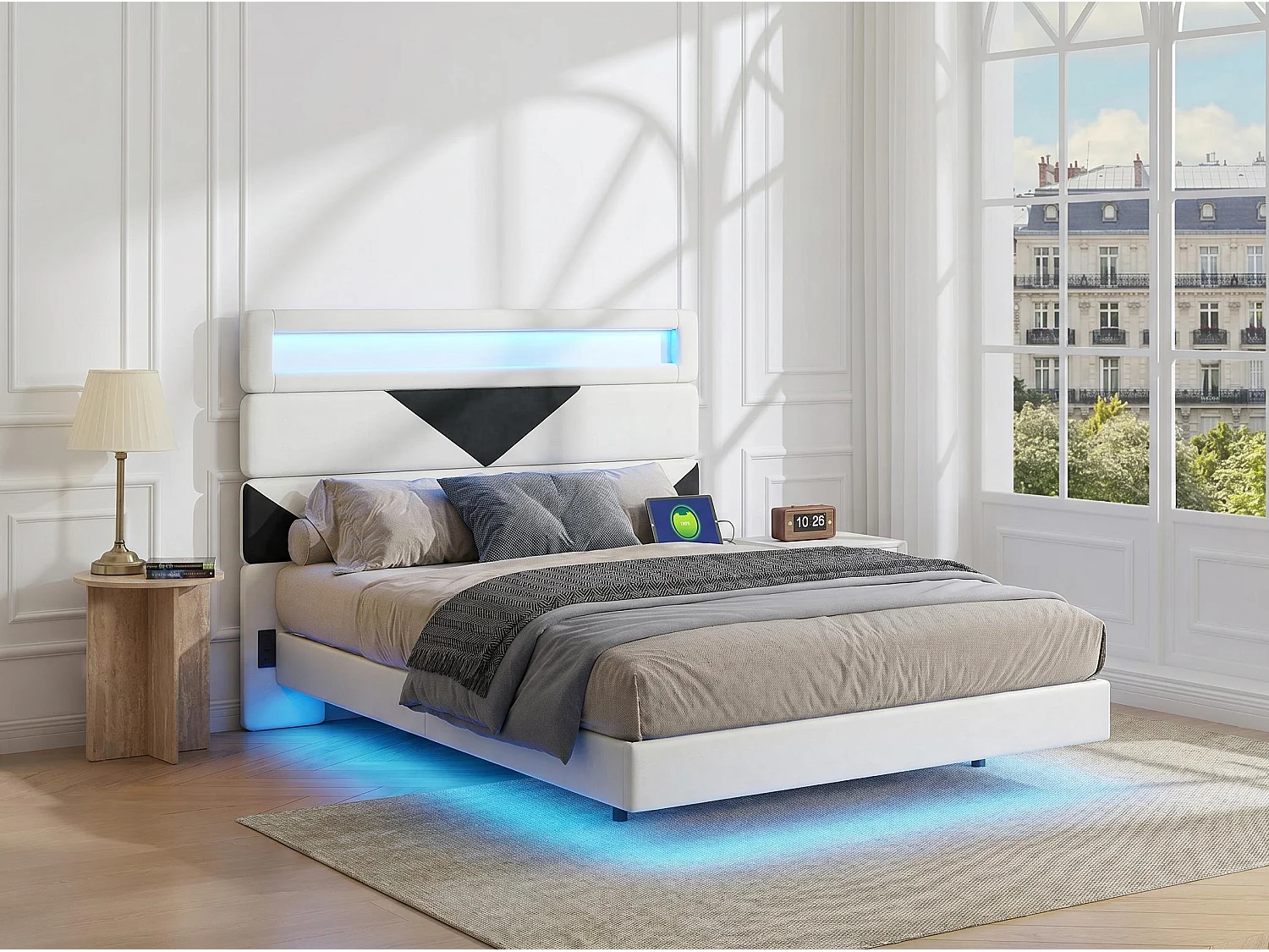 Lit double 140x190 cm - USB et USB C - LED intégrée - Tissu velours blanc