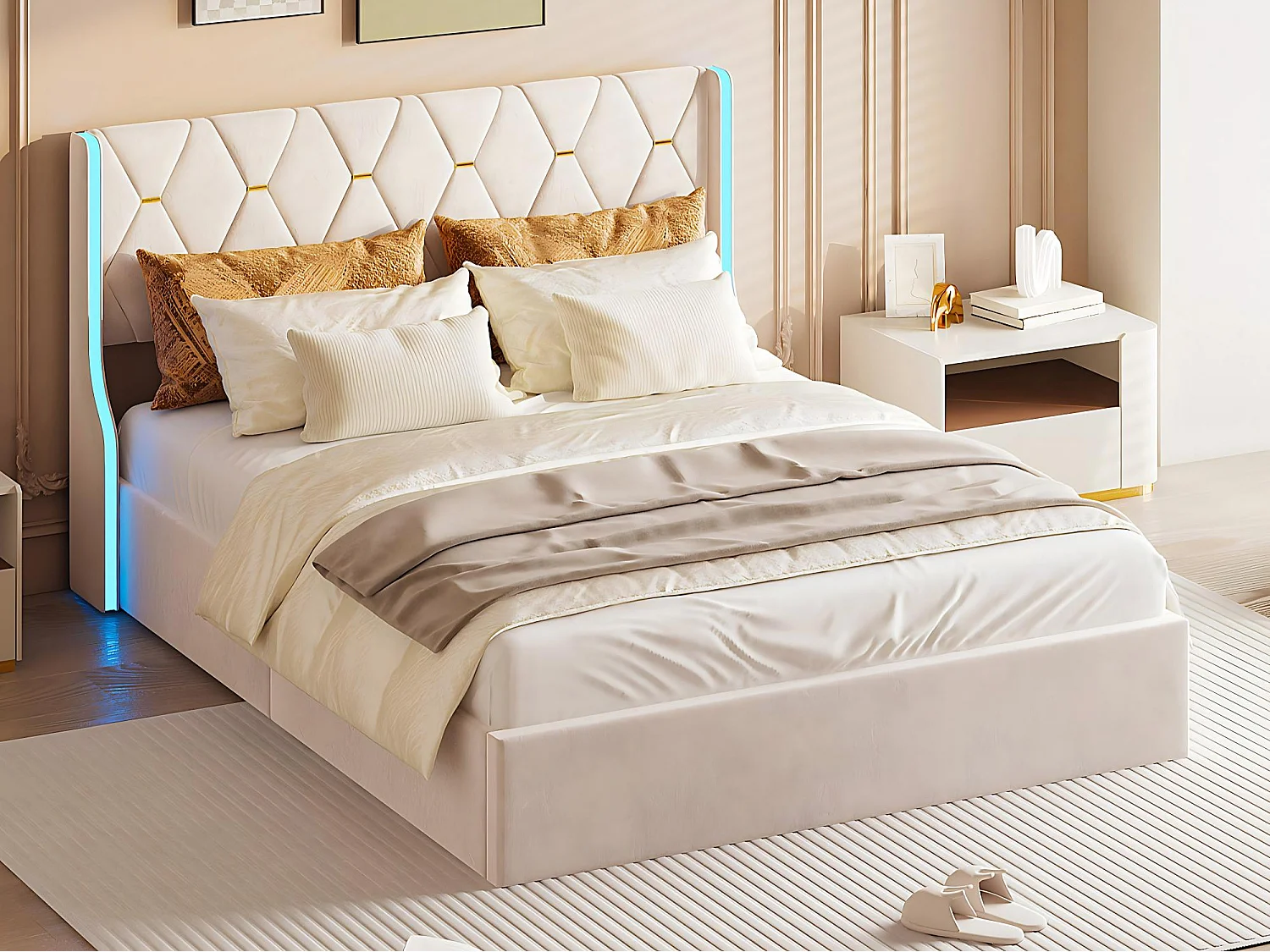 Lit 140x200 cm avec rangement sous lit, LED, lit capitonné velours, sommier à lattes inclus, style moderne