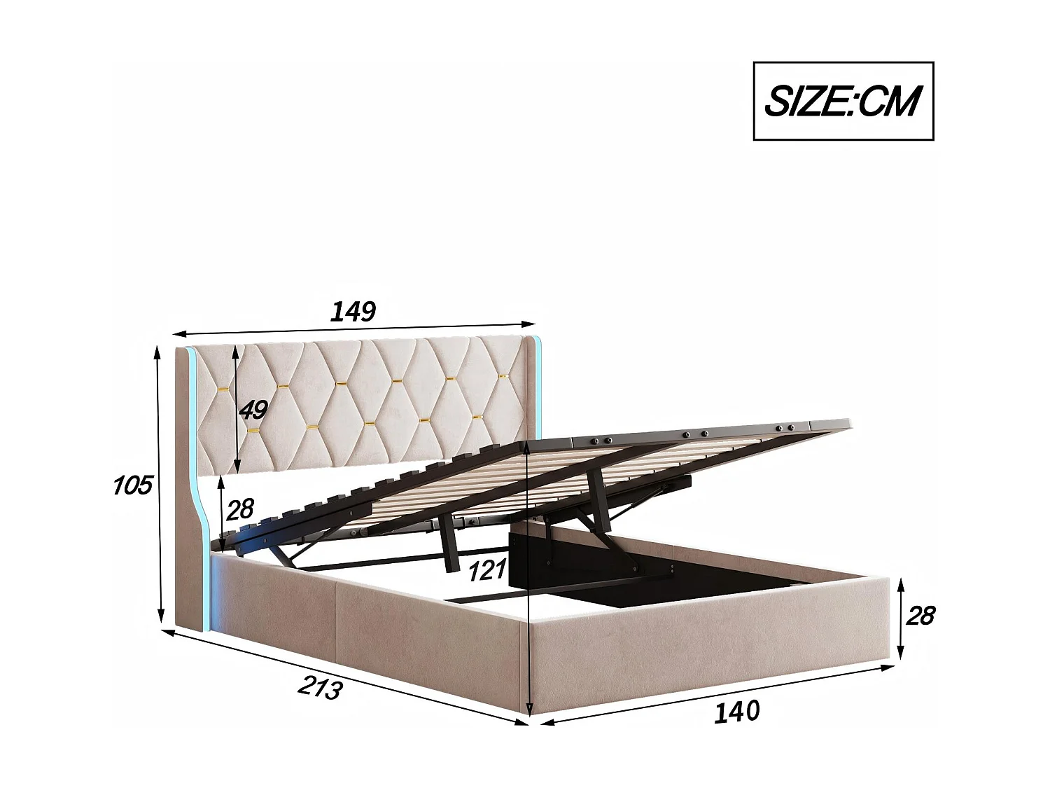 Lit 140x200 cm avec rangement sous lit, LED, lit capitonné velours, sommier à lattes inclus, style moderne