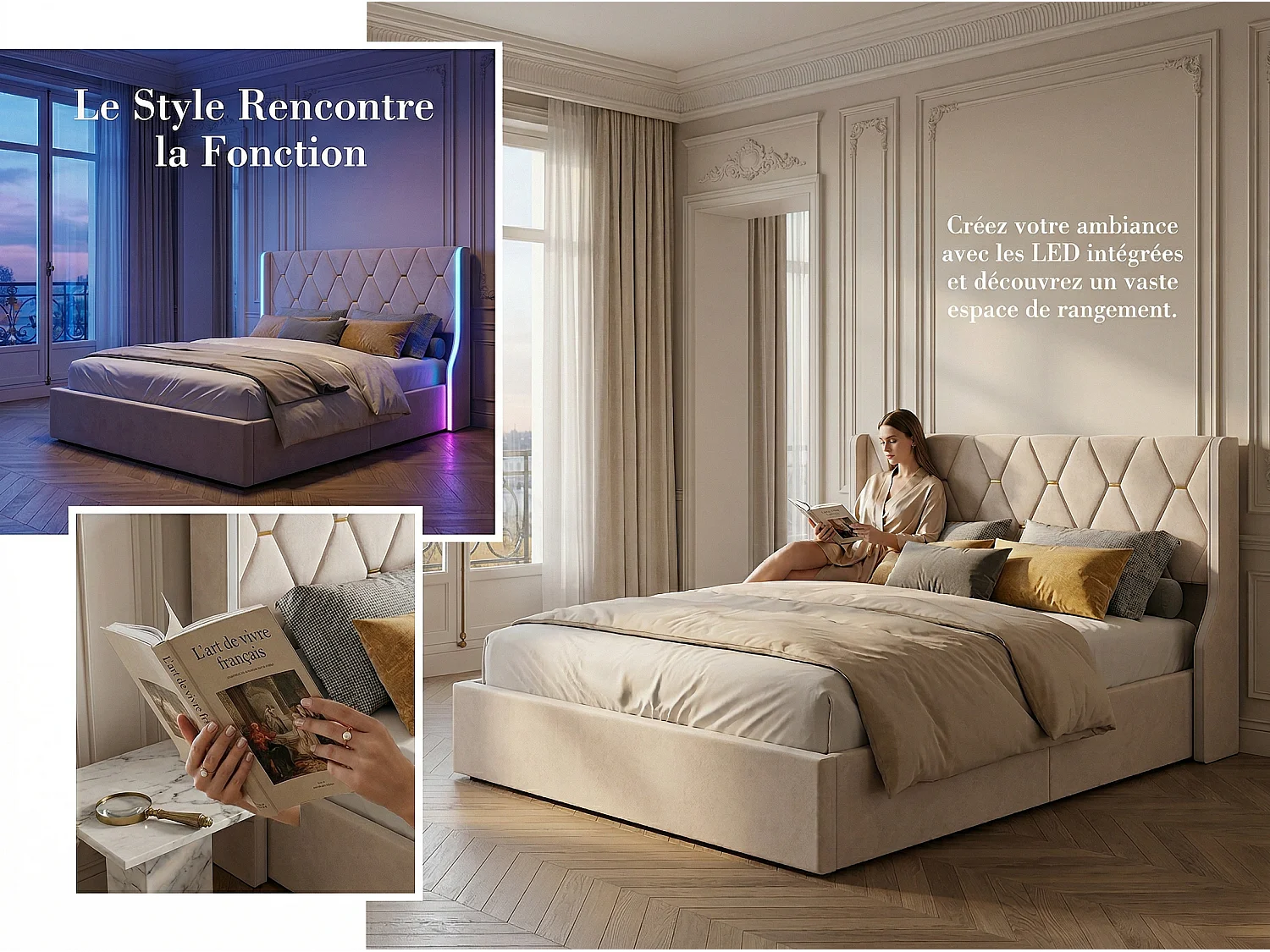 Lit 140x200 cm avec rangement sous lit, LED, lit capitonné velours, sommier à lattes inclus, style moderne