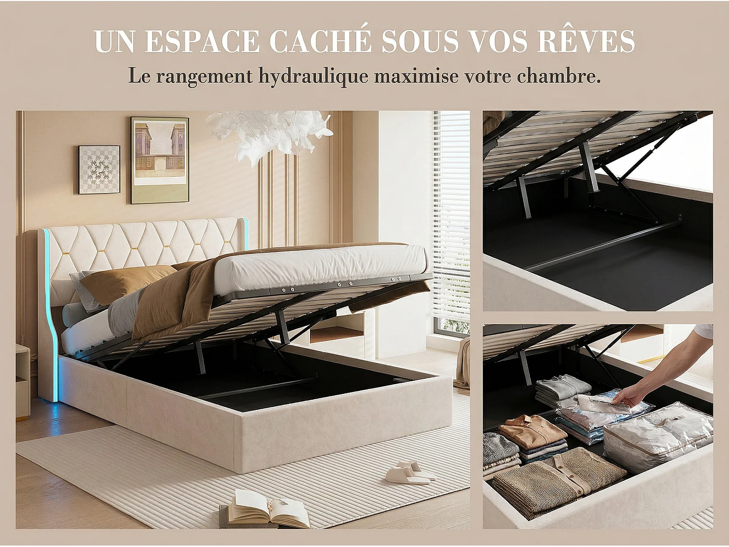 Lit 140x200 cm avec rangement sous lit, LED, lit capitonné velours, sommier à lattes inclus, style moderne