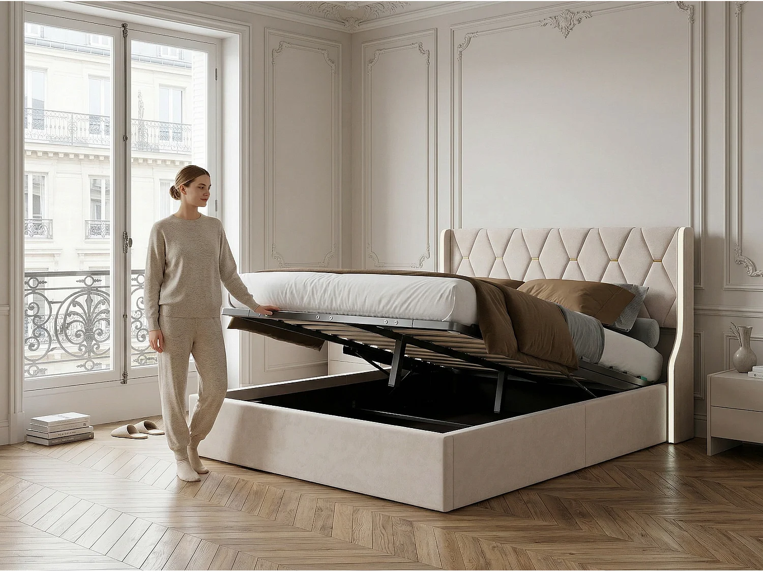 Lit 140x200 cm - avec rangement lit- LED  capitonné velours- sommier à lattes inclus