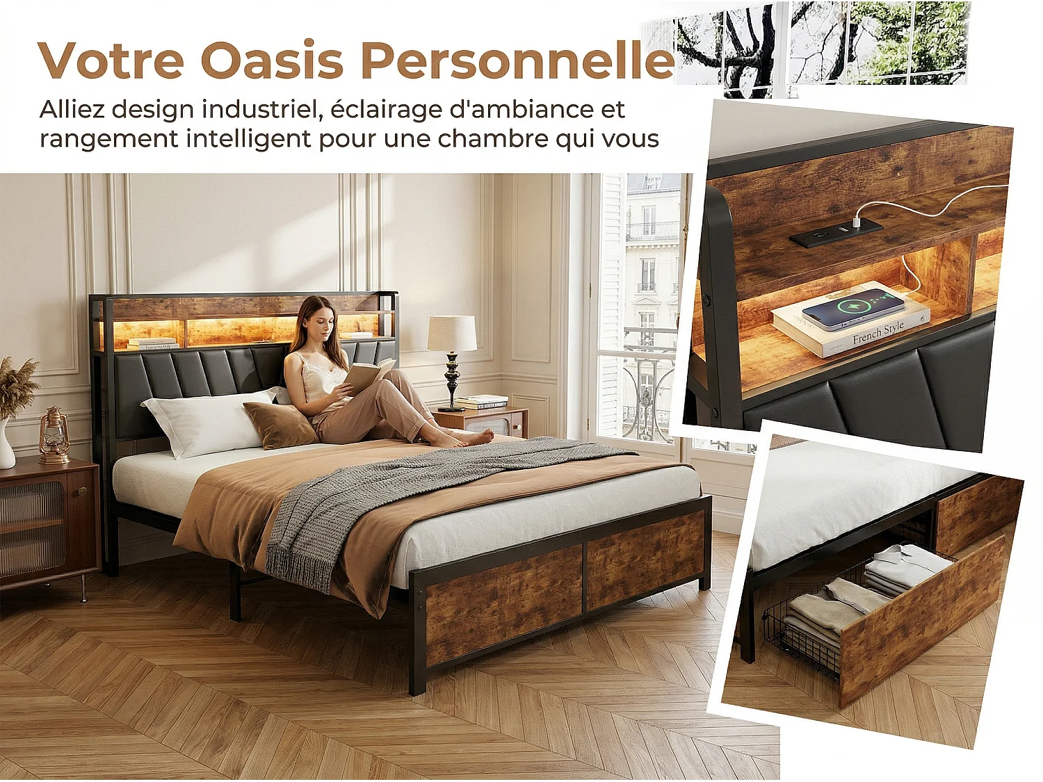 Lit 140x200 cm LED RGB avec USB, 4 Tiroirs, Rangement, Métal et Bois