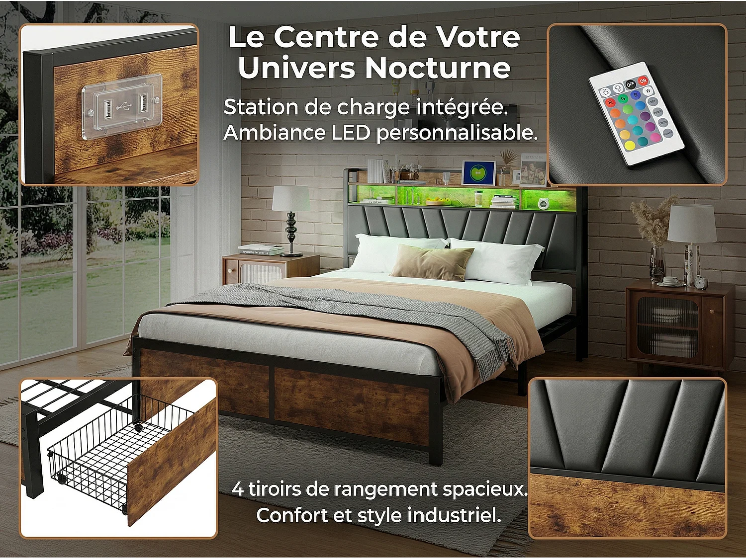 Lit 140x200 cm LED RGB avec USB, 4 Tiroirs, Rangement, Métal et Bois