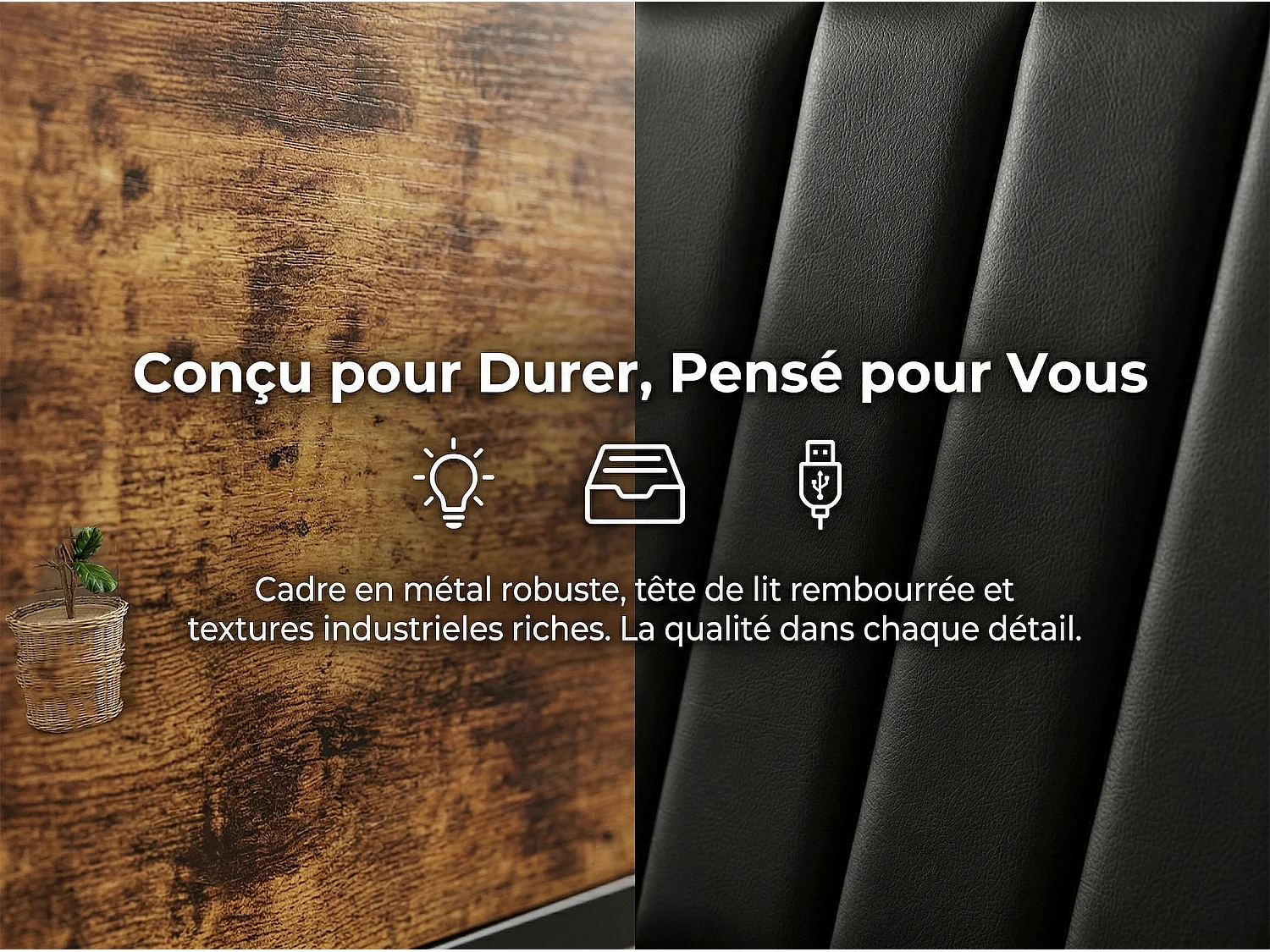 Lit 140x200 cm LED RGB avec USB, 4 Tiroirs, Rangement, Métal et Bois