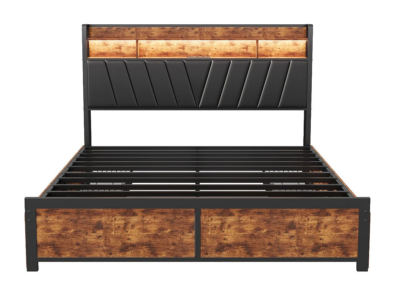 Lit 140x200 cm LED RGB avec USB, 4 Tiroirs, Rangement, Métal et Bois