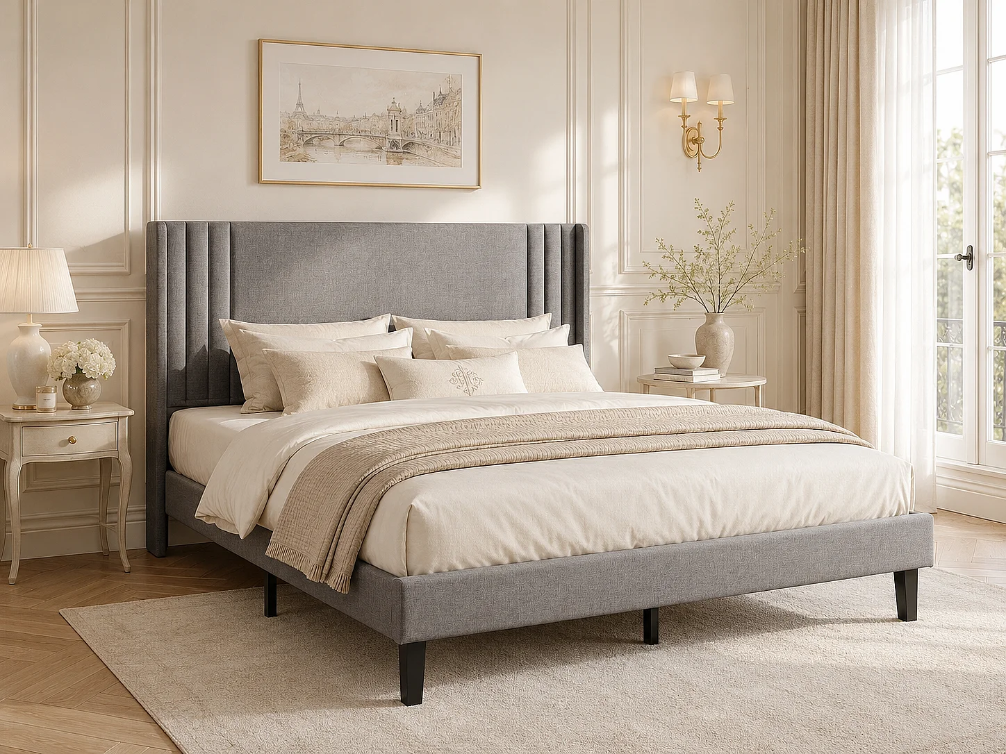Lit double rembourré 140x200 cm tissu gris tête de lit rembourré sommier à lattes