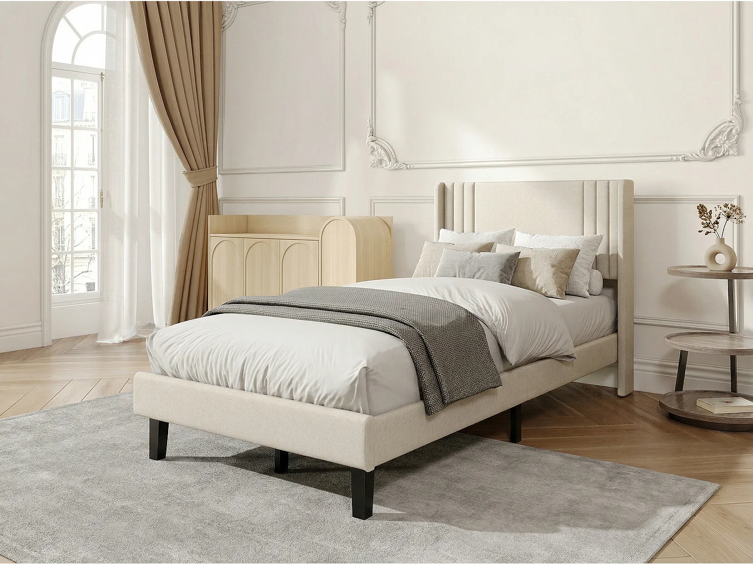 Lit rembourré avec tête de lit capitonnée, lit double tissu beige, design moderne, cadre stable sans coffre