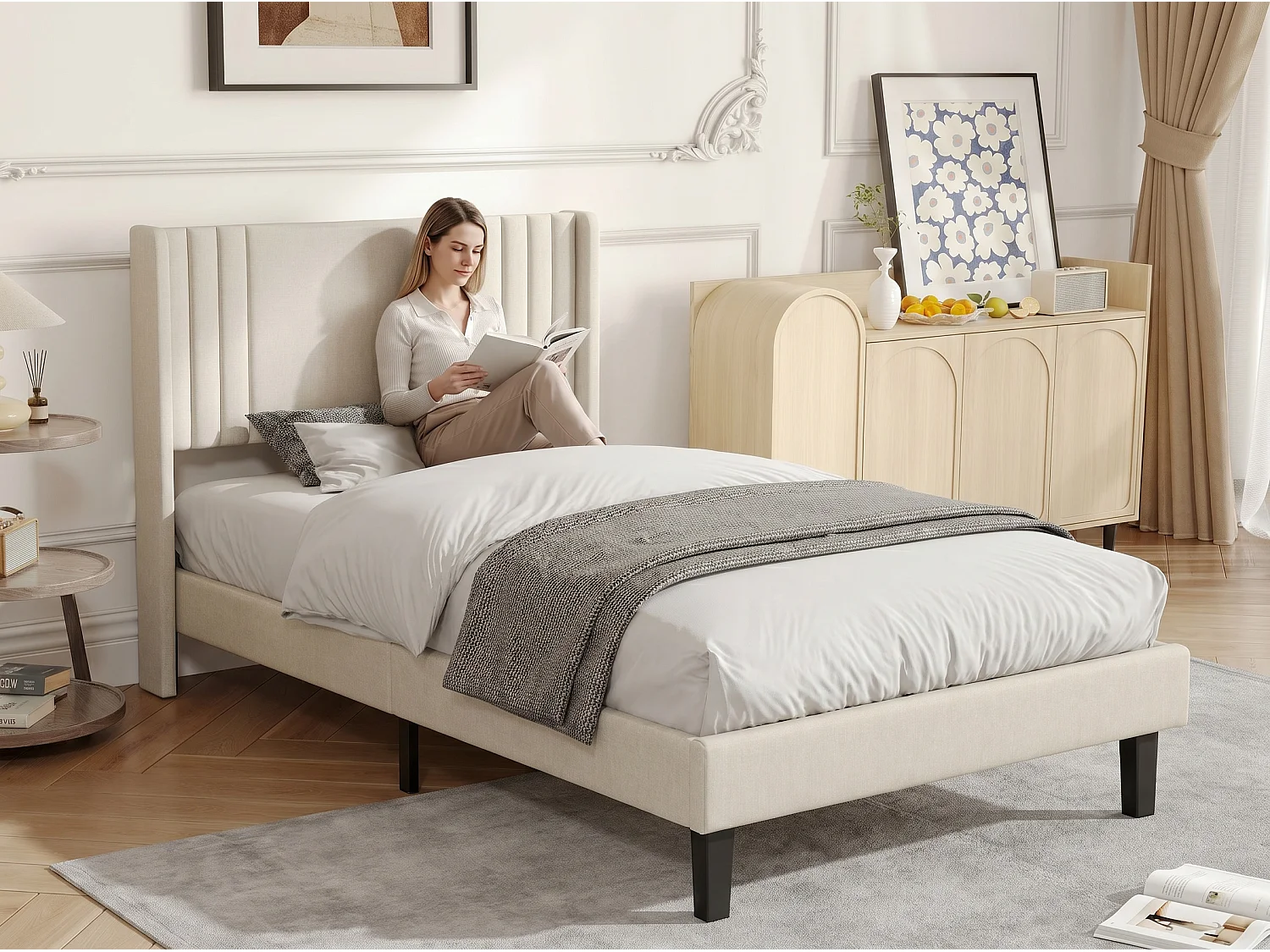 Lit rembourré avec tête de lit capitonnée, lit double tissu beige, design moderne, cadre stable sans coffre