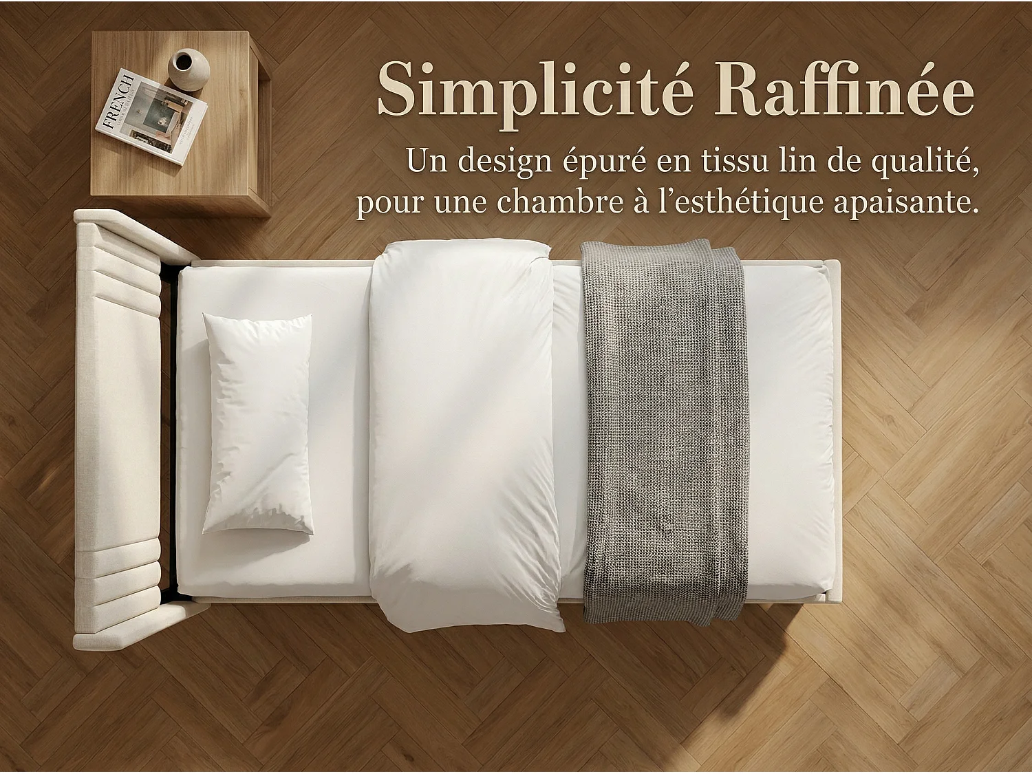 Lit rembourré avec tête de lit capitonnée, lit double tissu beige, design moderne, cadre stable sans coffre