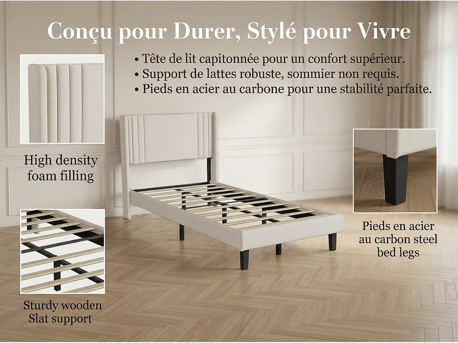 Lit rembourré avec tête de lit capitonnée, lit double tissu beige, design moderne, cadre stable sans coffre