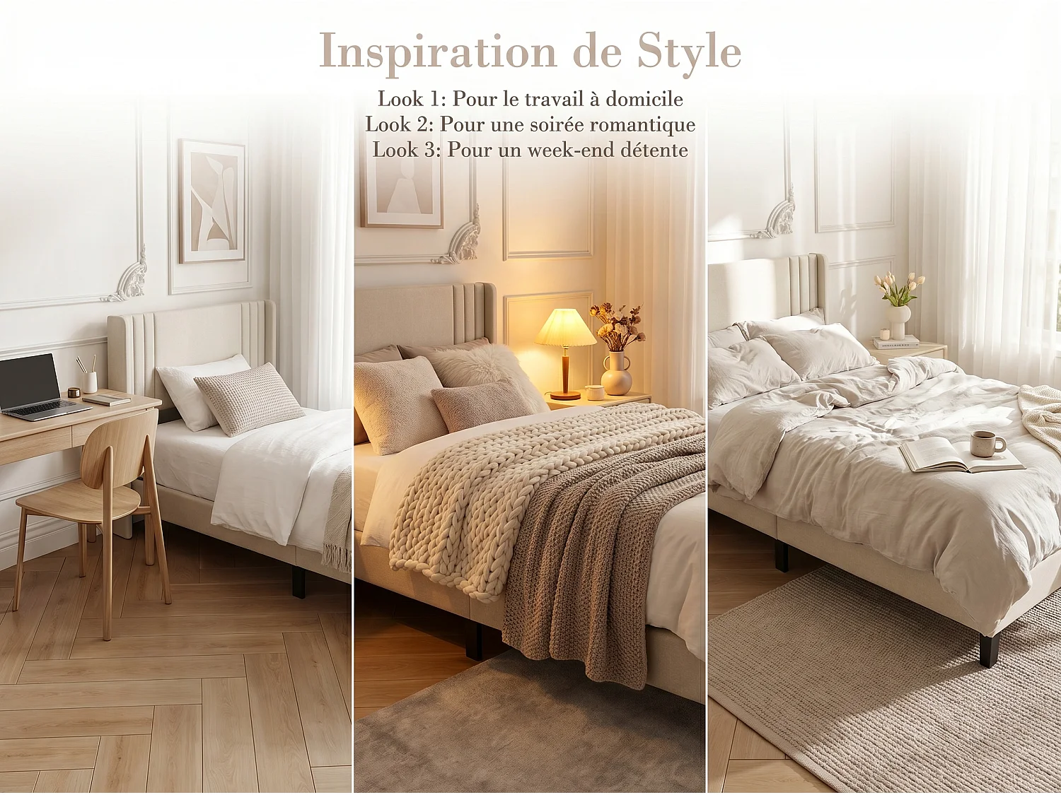 Lit rembourré avec tête de lit capitonnée, lit double tissu beige, design moderne, cadre stable sans coffre